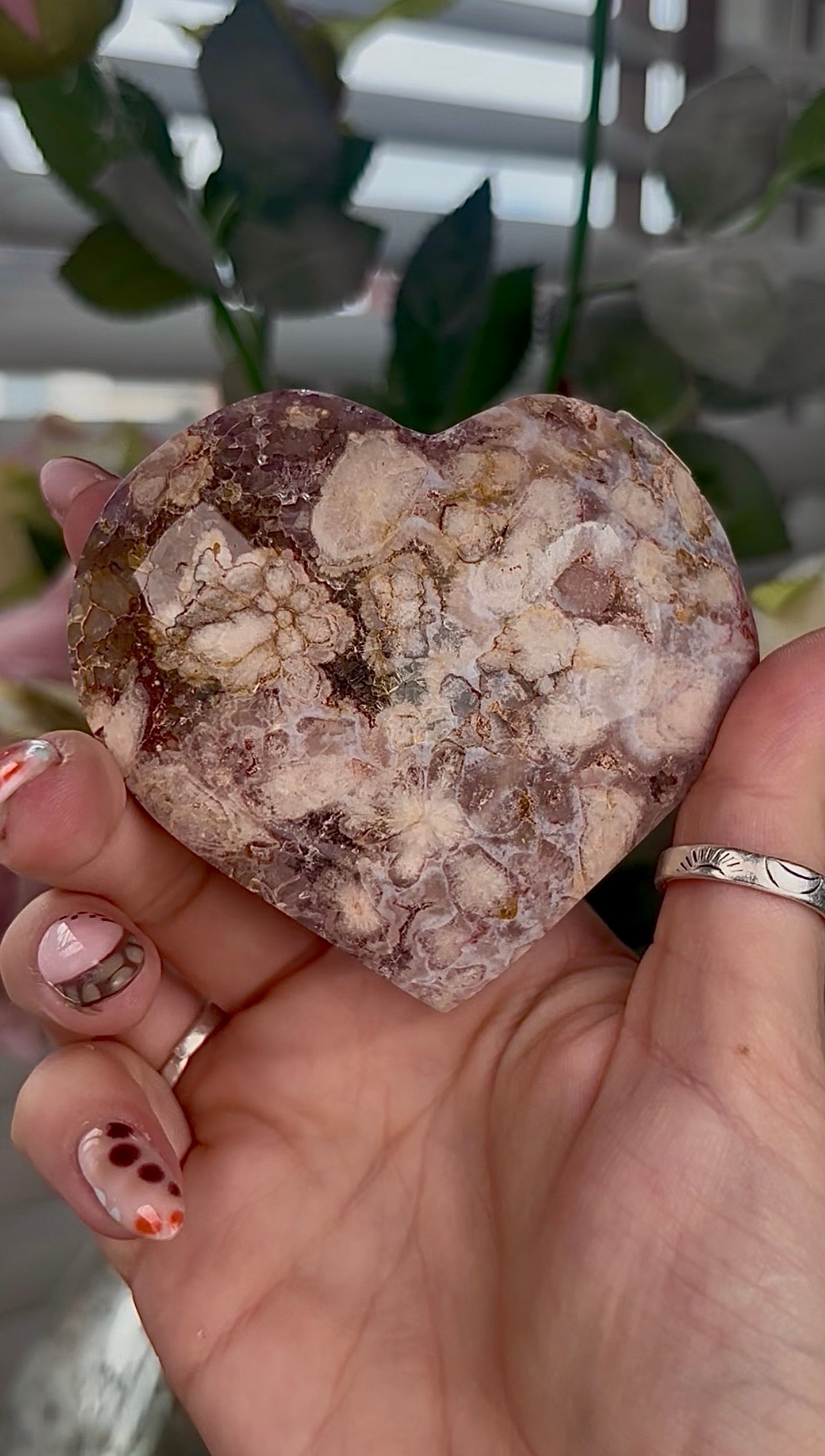 High grade, Amethyst Flower agate heart with stand