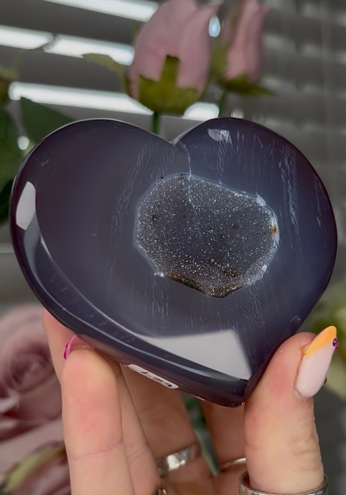 Beautiful, high grade, blue agate heart with druzy - comes with stand