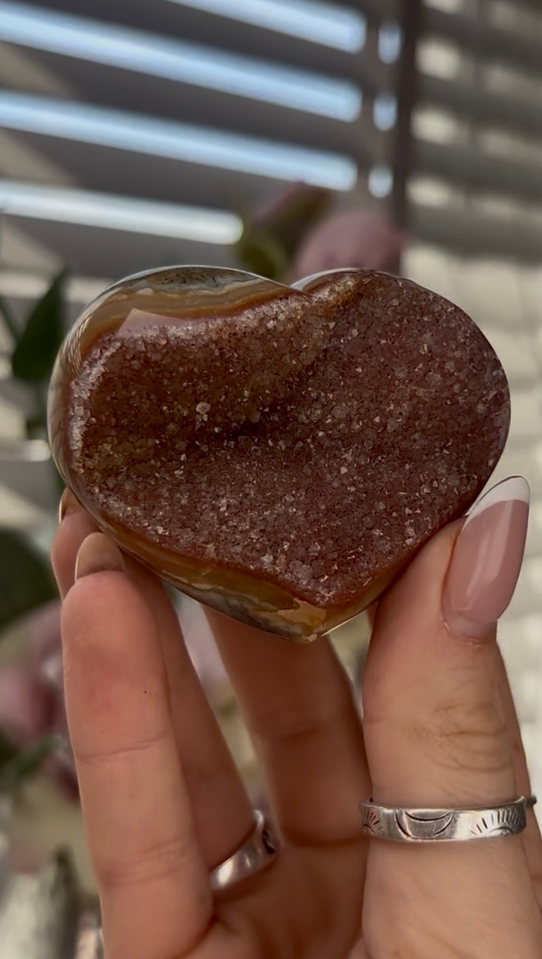 Uruguay, rainbow amethyst heart in rusty tone - comes with stand