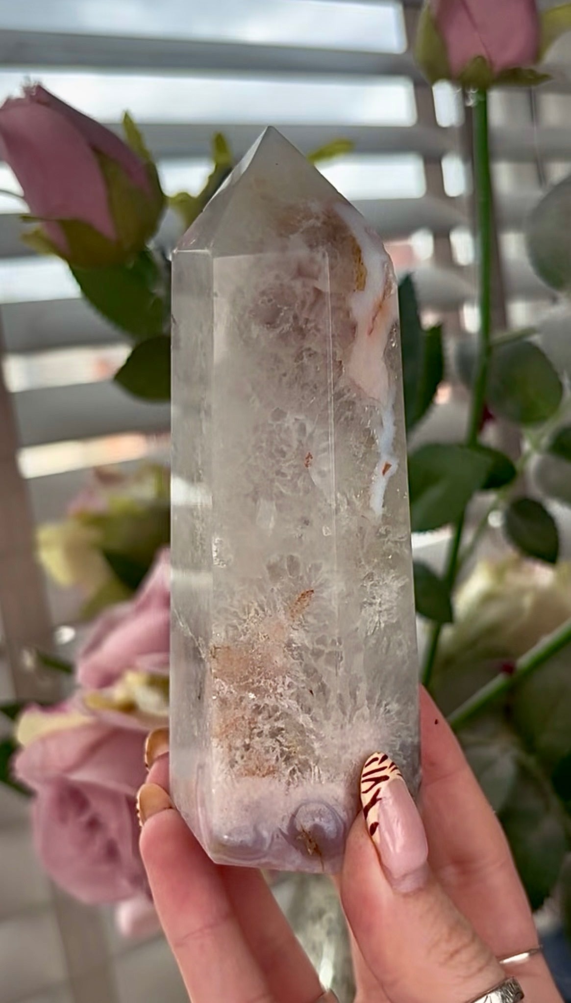 Stunning!! Super high quality, Druzy, green chlorite x blue flower agate tower