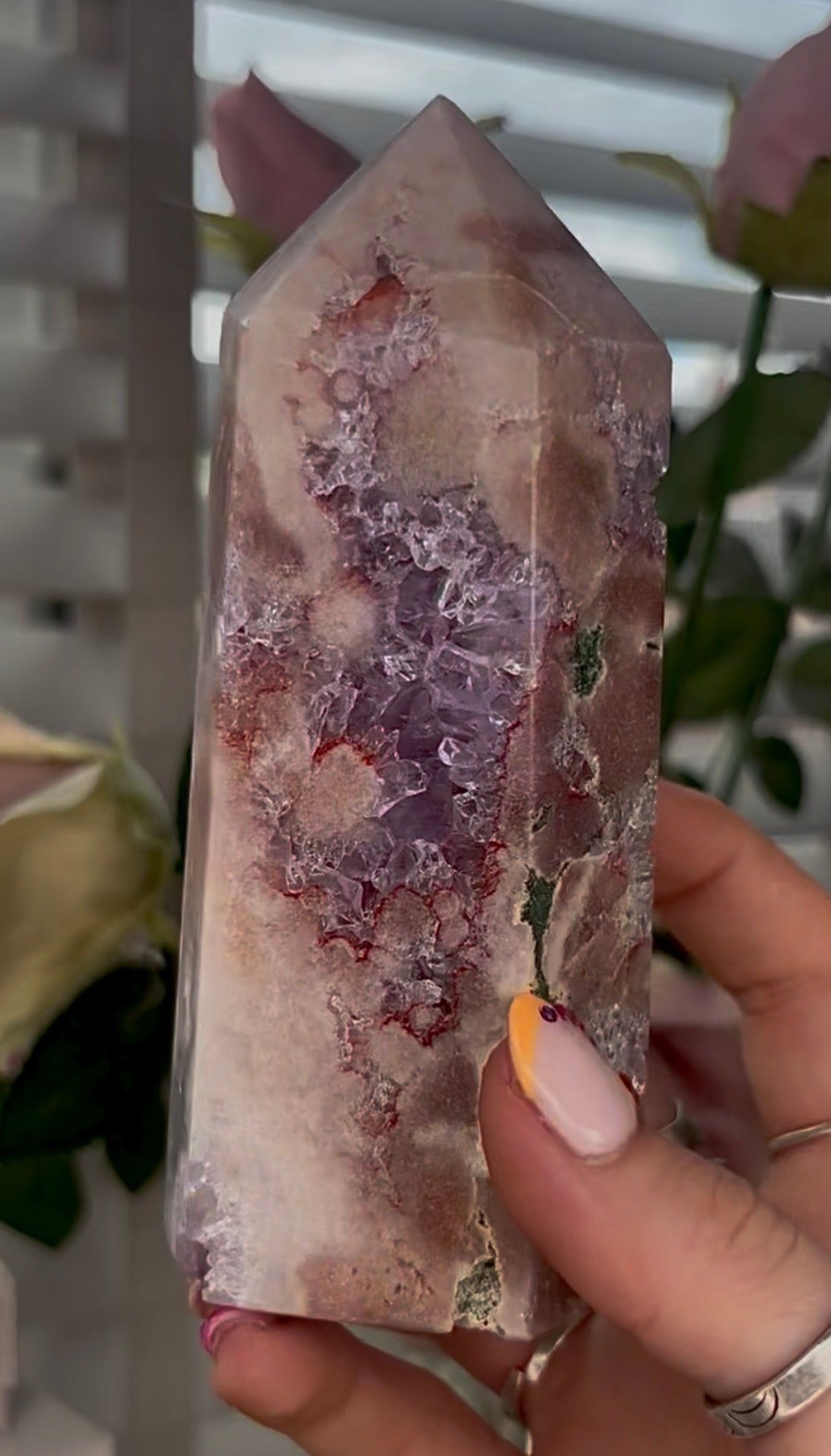 Pretty, Pink amethyst tower, with purple quartz druzy