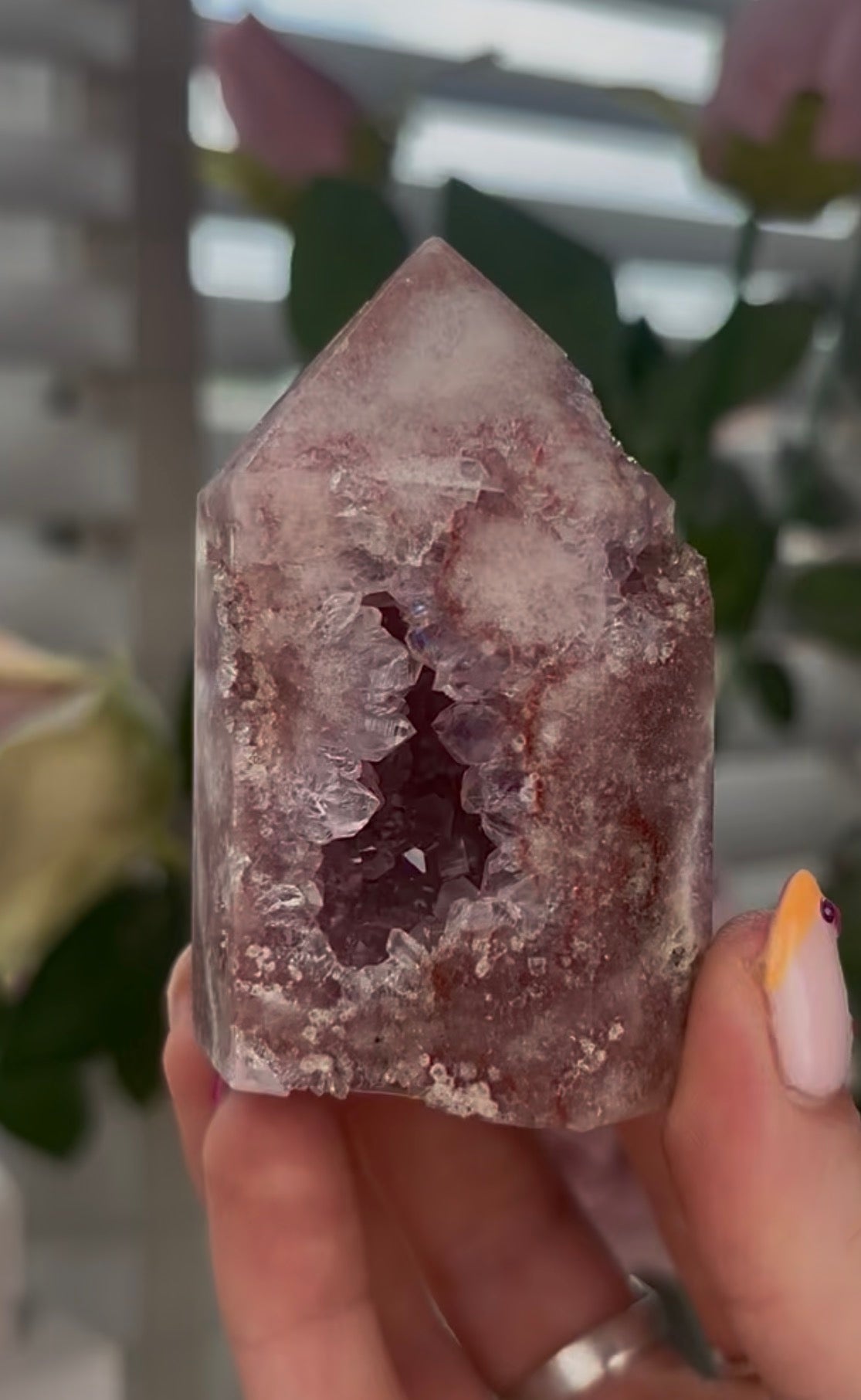Beautiful, Pink amethyst tower with quartz druzy