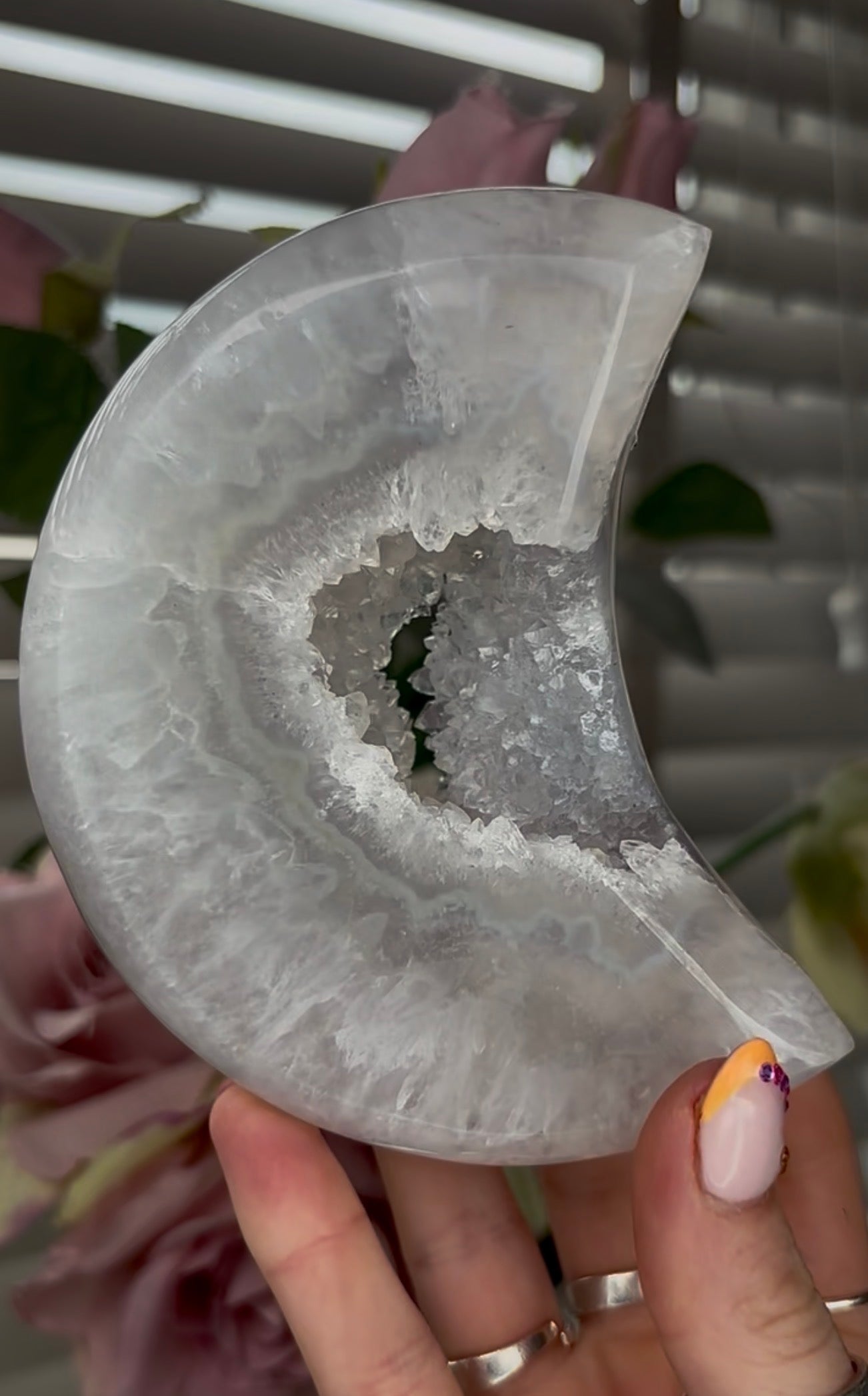 Beautiful, high grade, agate moon with druzy - comes with stand