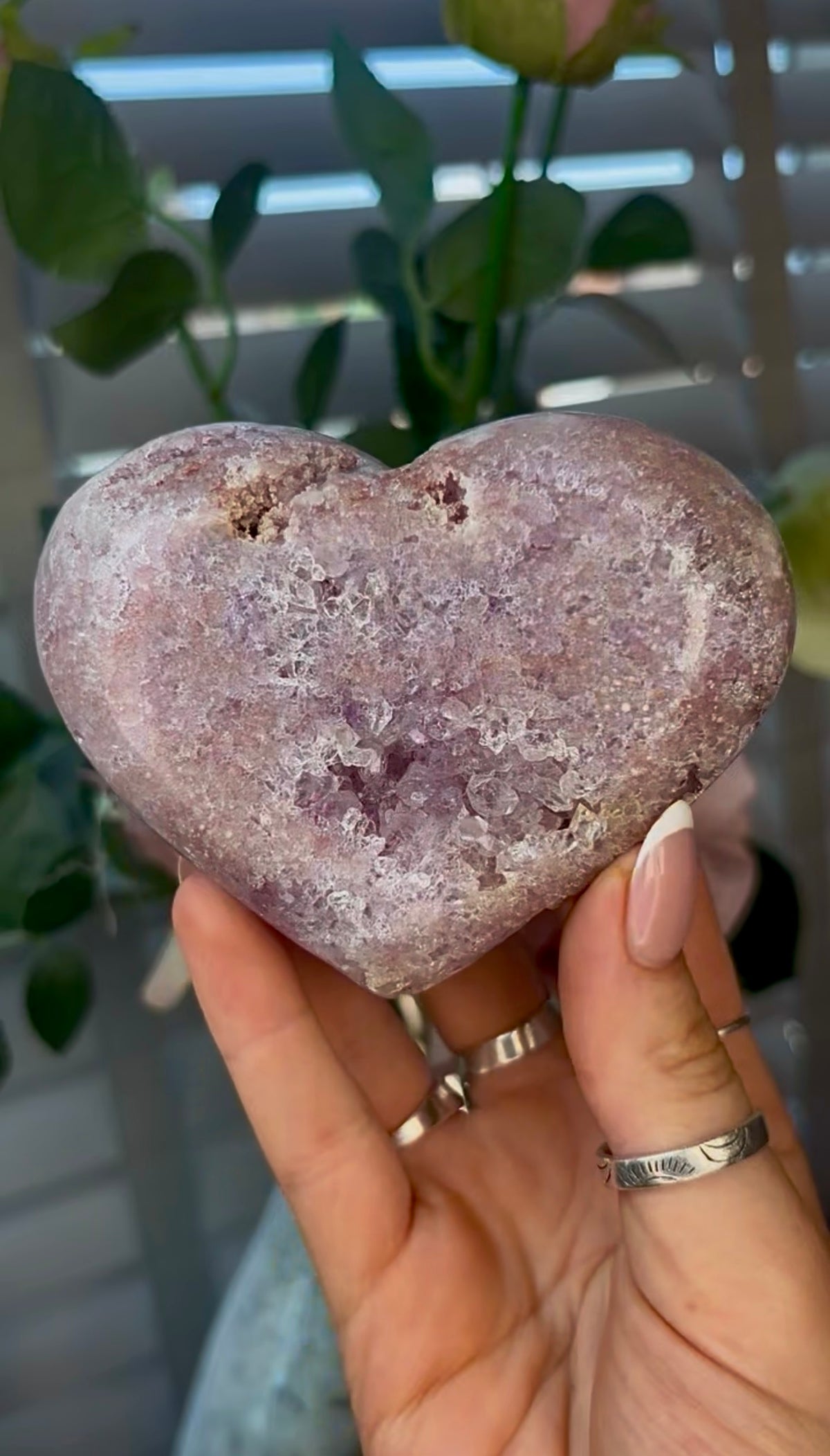 Gorgeous, pink amethyst heart - comes with stand