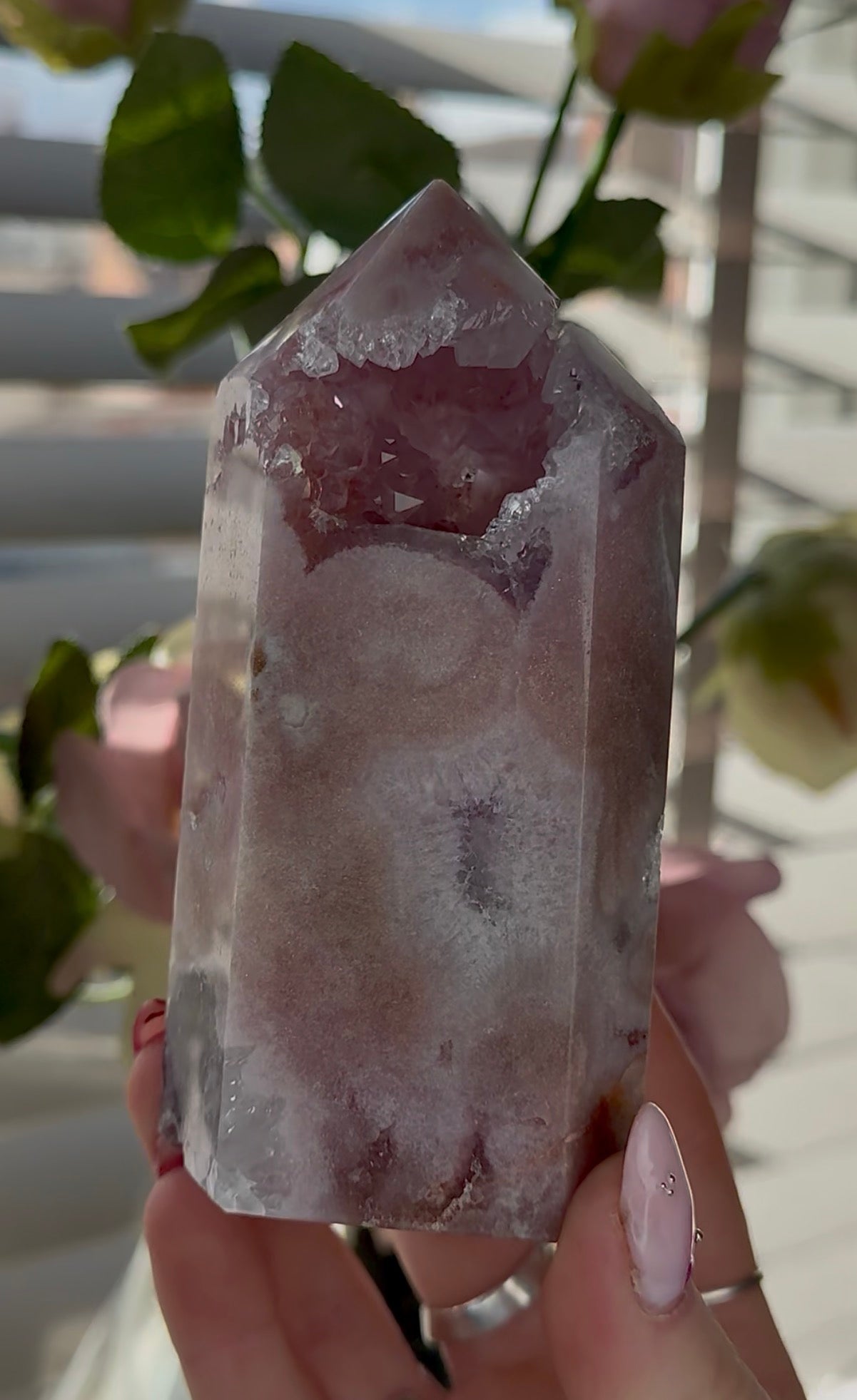 Pink amethyst tower with quartz 12cm(h) 6cm(w)
