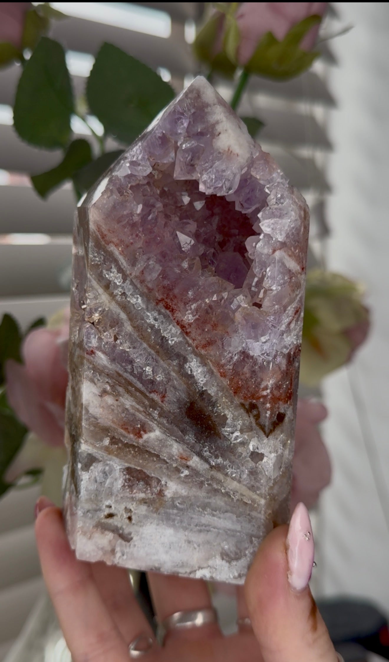 High quality Pink amethyst tower with agate, jasper & rutile 13cm(h) 7cm(w)