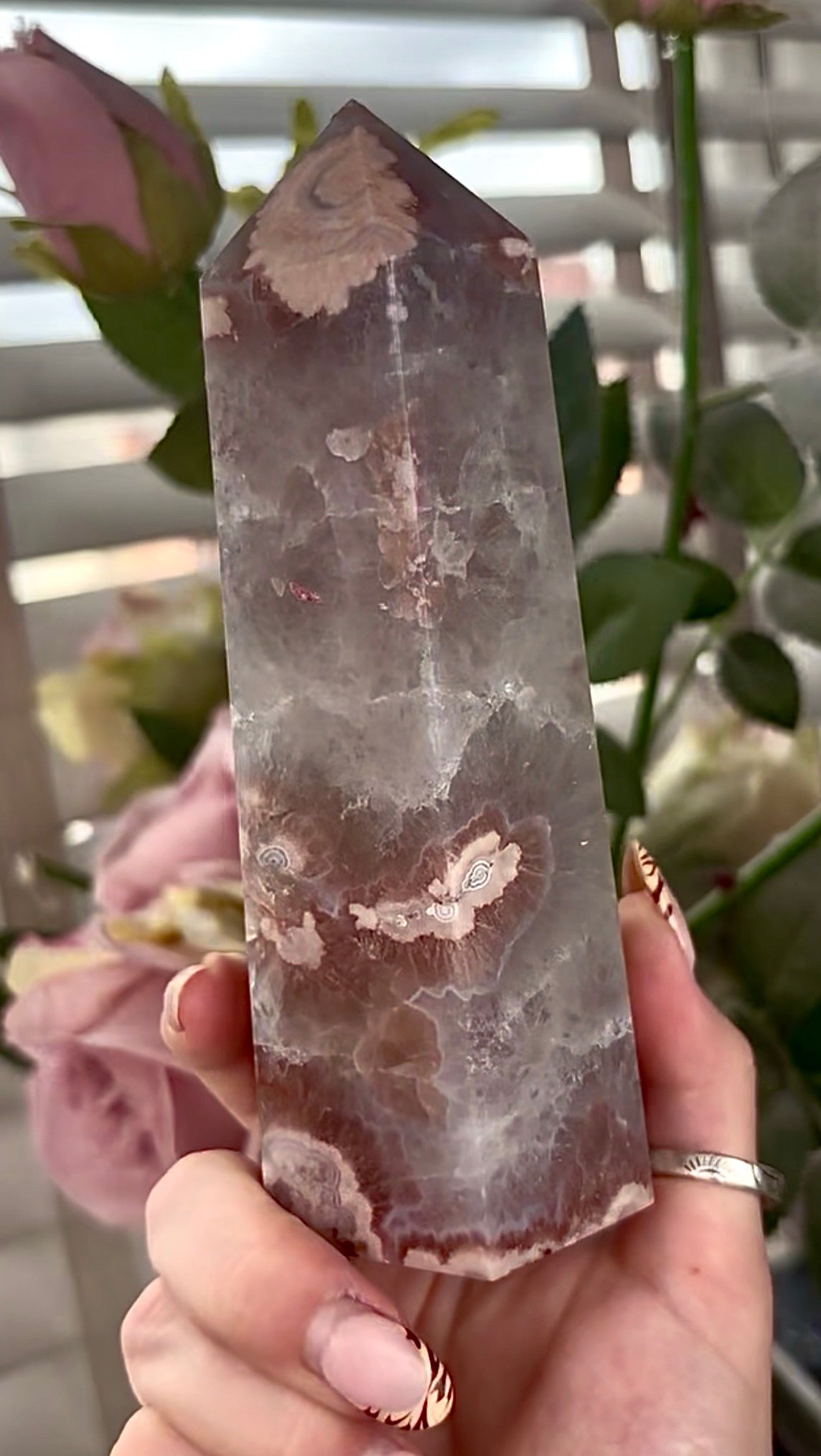 Stunning!! Super high quality, Druzy, green chlorite x blue flower agate tower