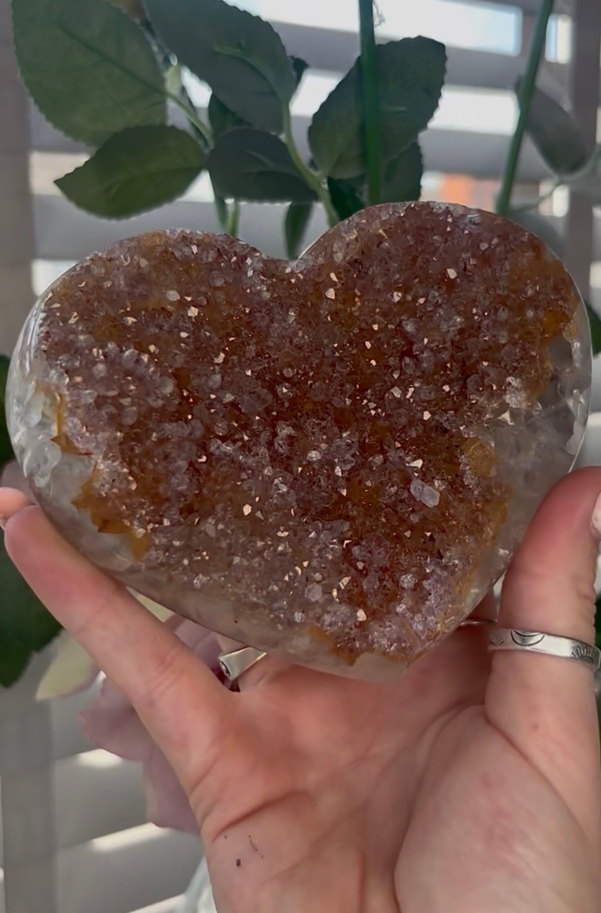 Uruguay, rainbow amethyst heart - comes with stand in orange no tones