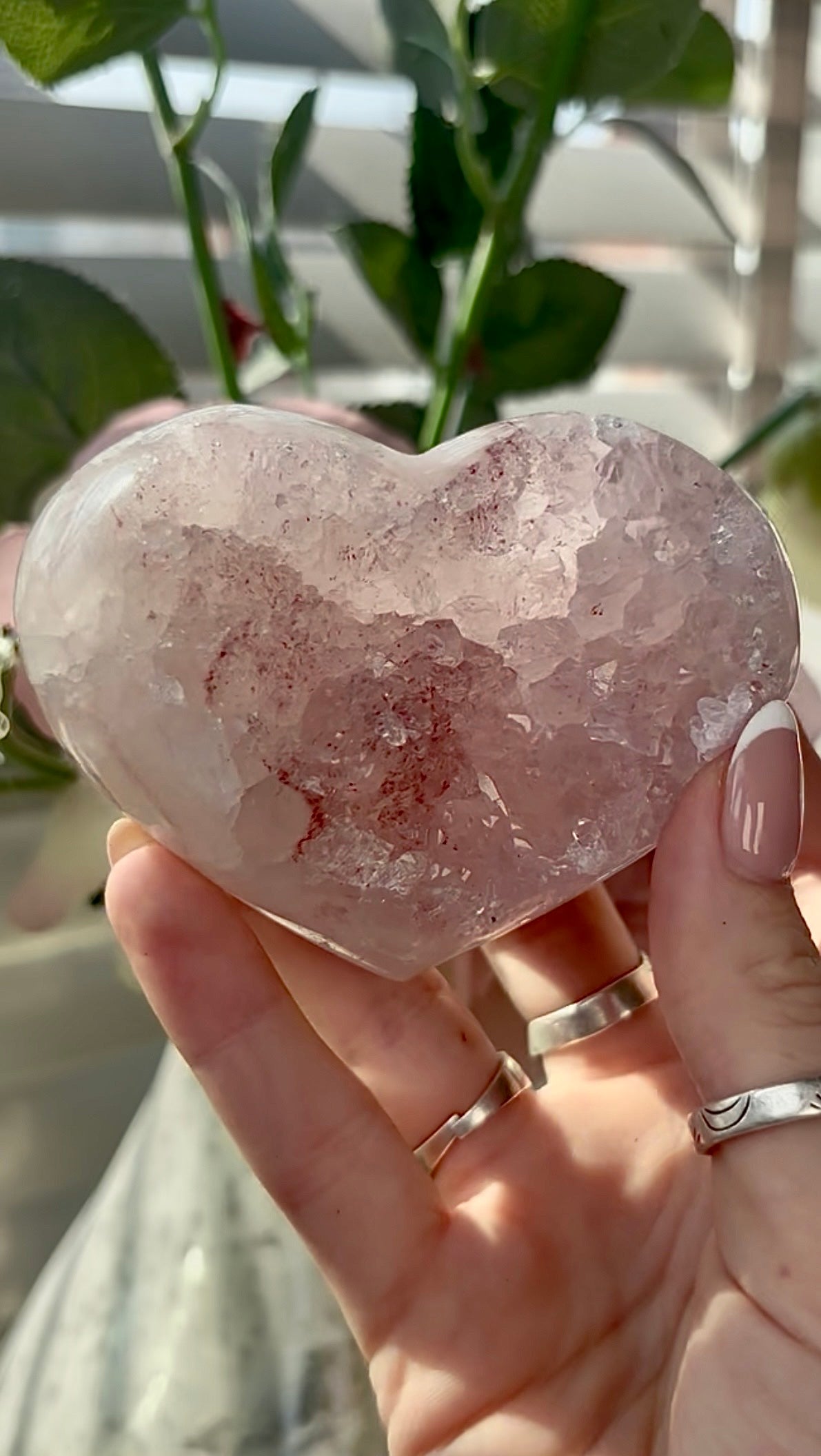Gorgeous, pink amethyst heart- comes with stand
