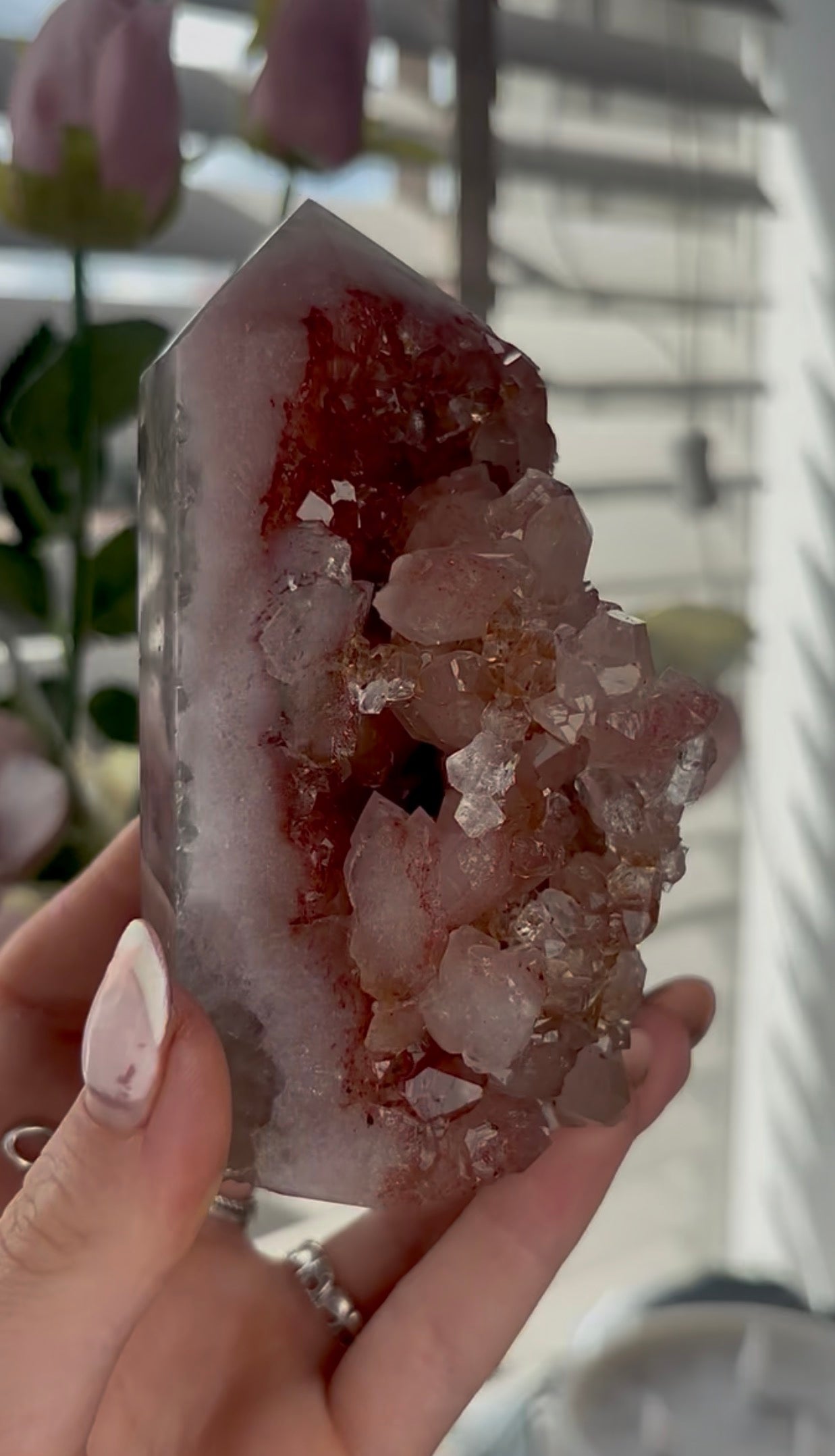 Beautiful, high quality, Pink amethyst tower in burnt orange/red tones with chewing gum druzy
