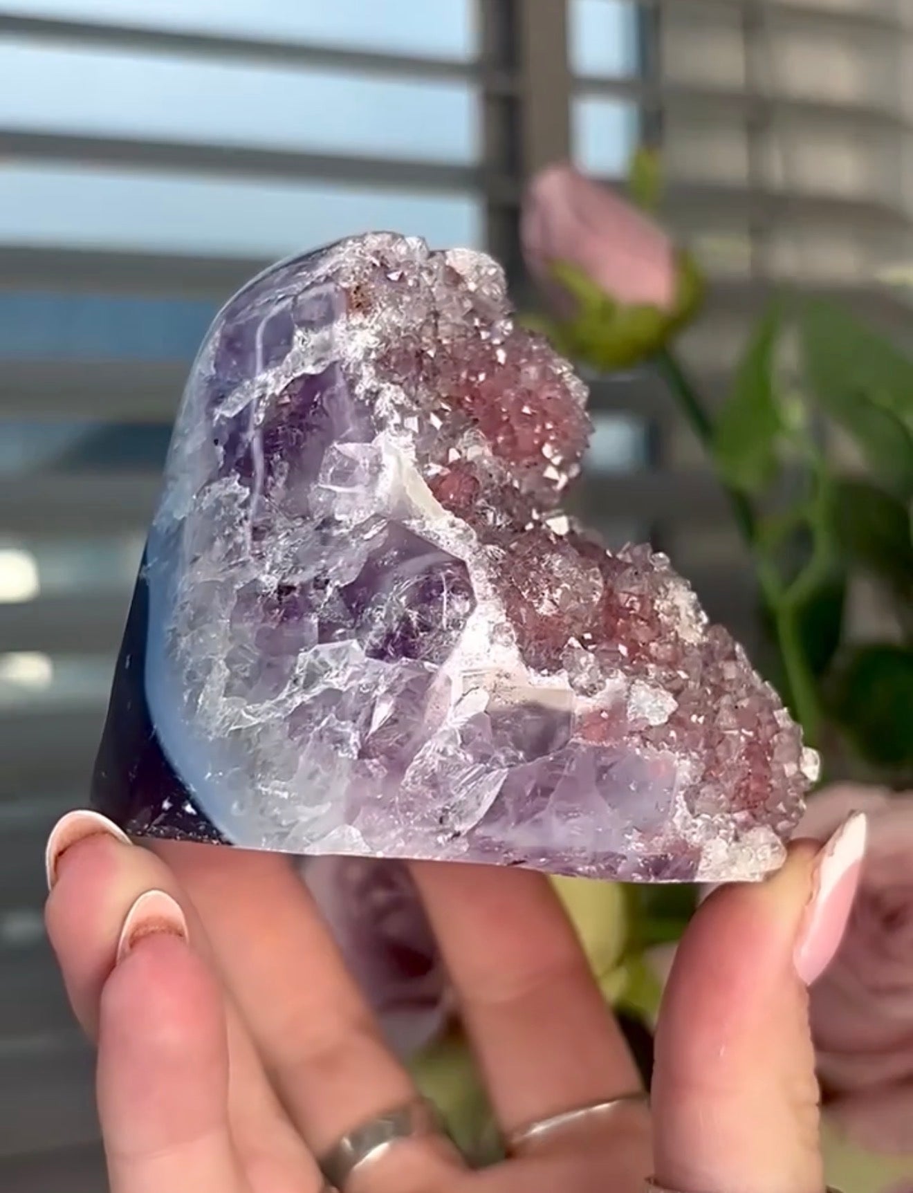 Light Pink rainbow amethyst on a purple & blue agate base