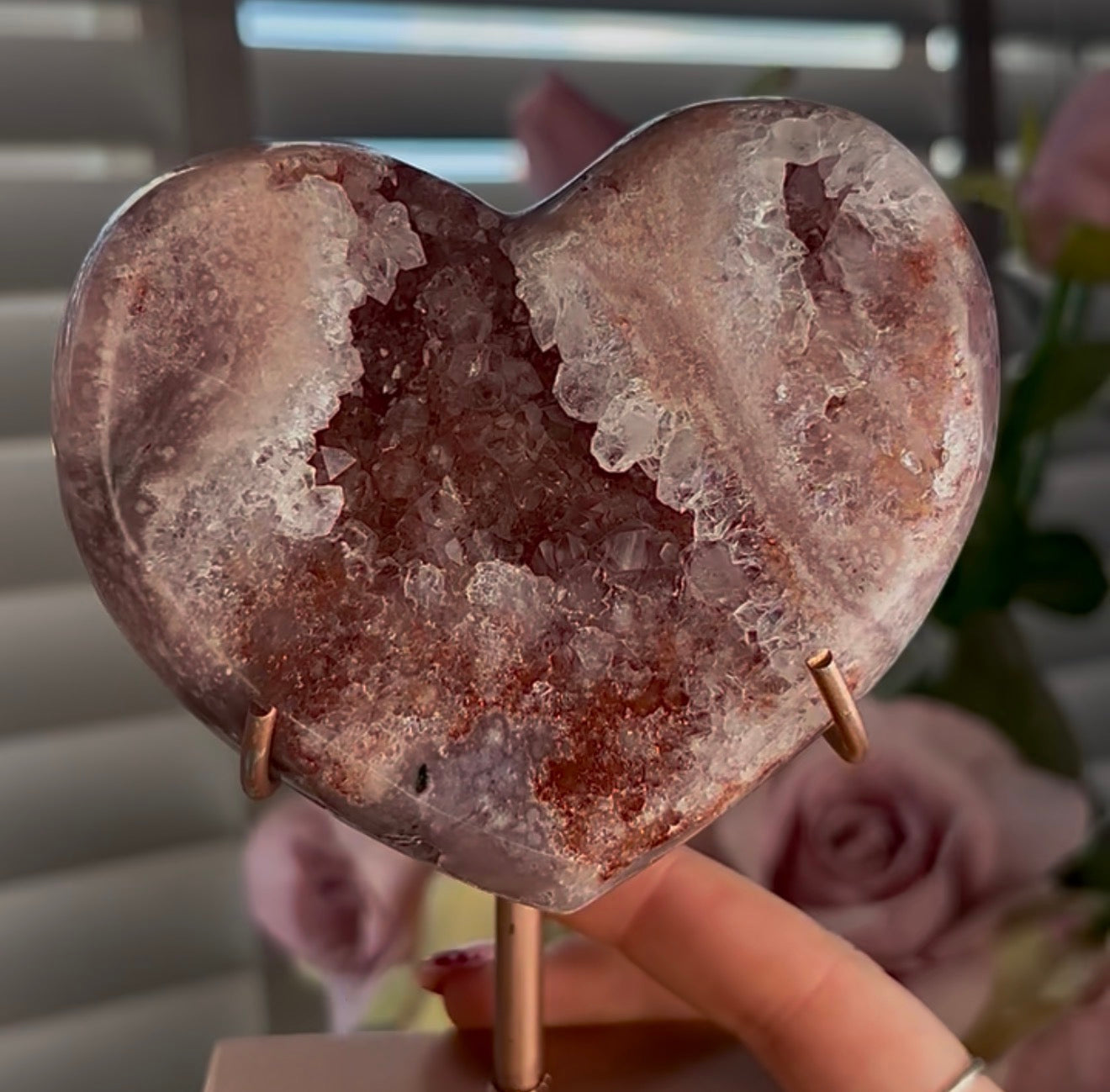 High quality pink amethyst heart - comes with stand