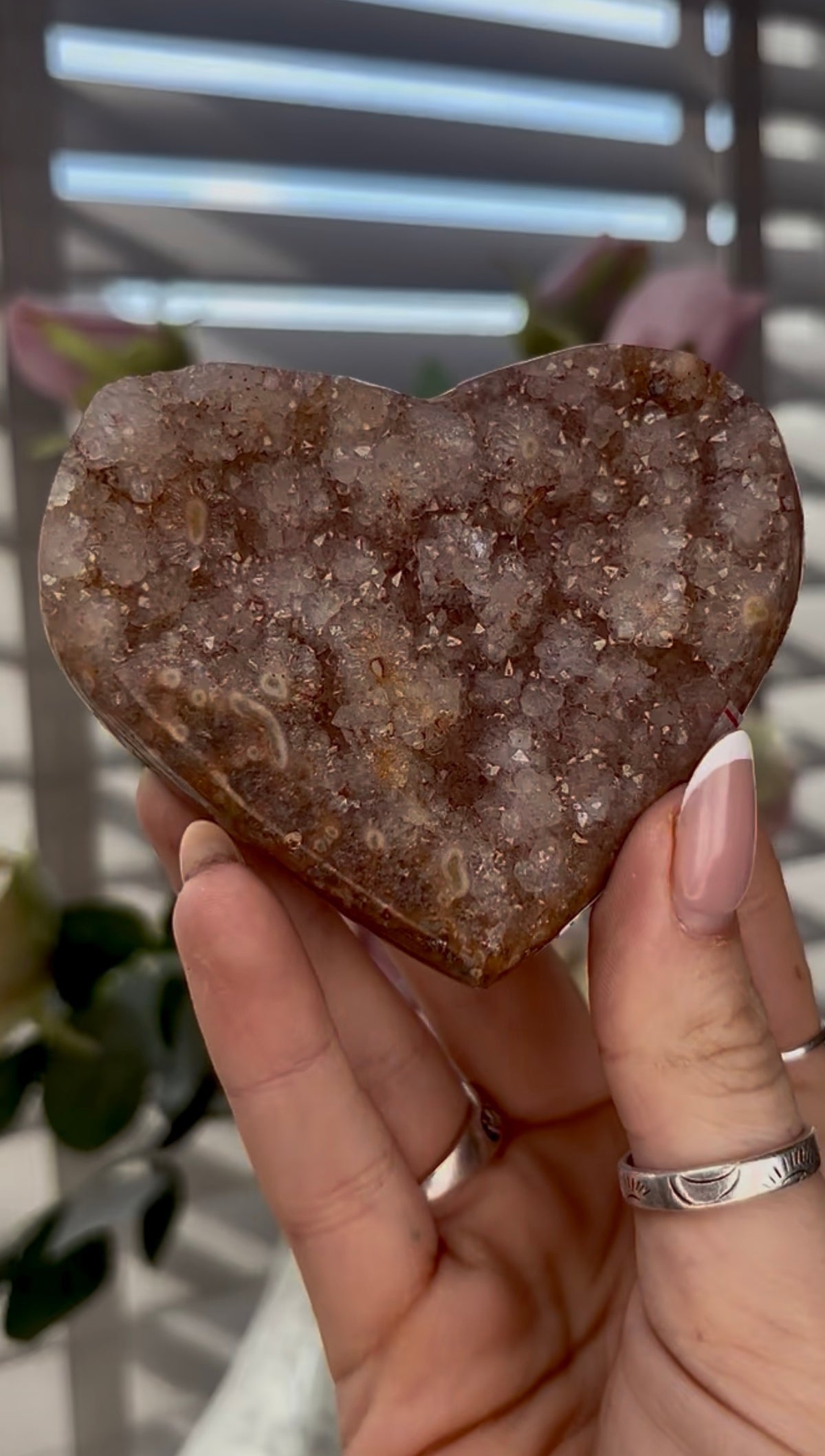 Uruguay, rainbow amethyst heart - comes with stand