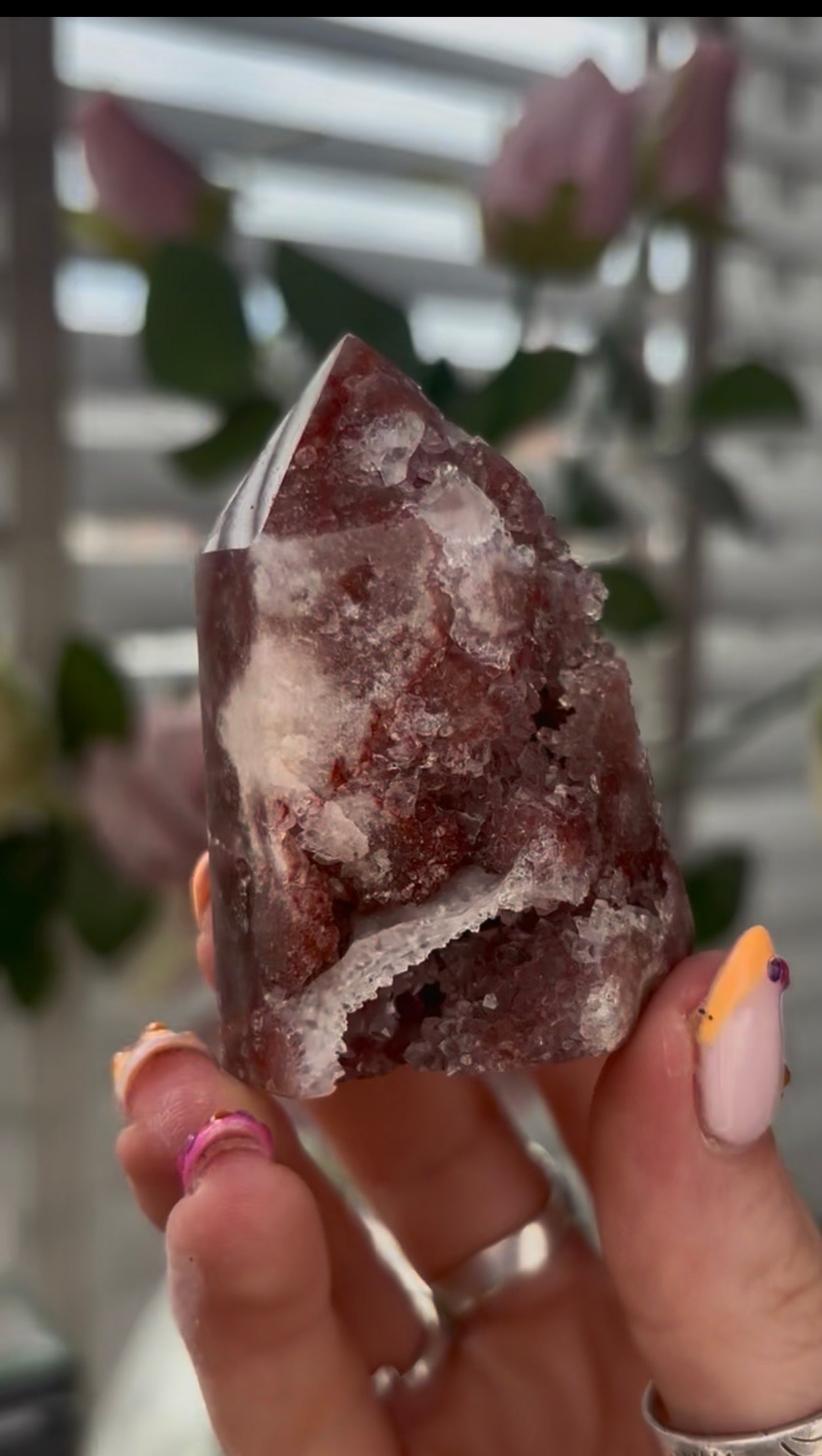 Small, High quality, Pink amethyst tower, with druzy
