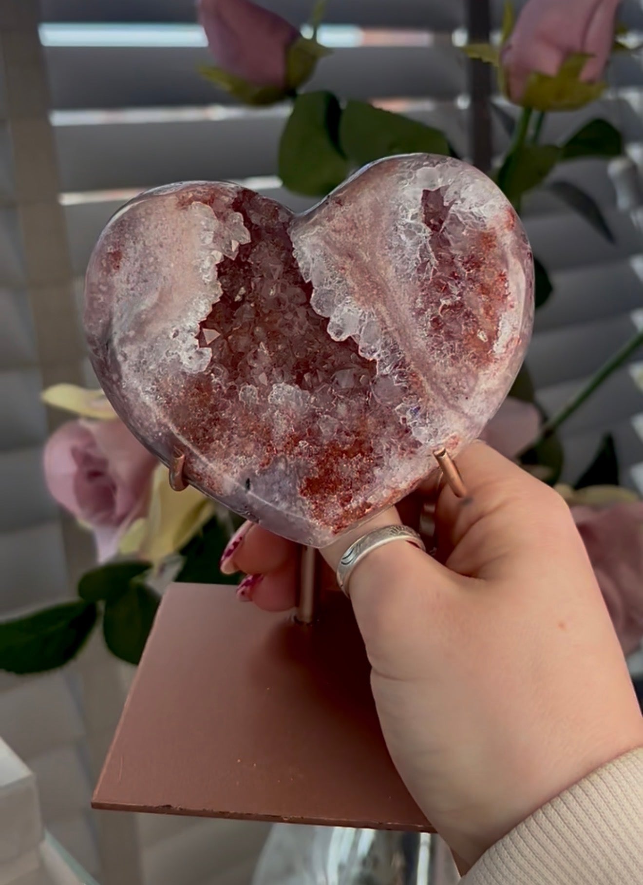 High quality pink amethyst heart - comes with stand