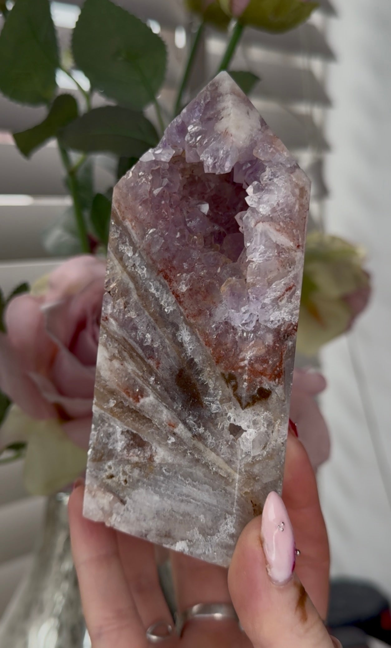High quality Pink amethyst tower with agate, jasper & rutile 13cm(h) 7cm(w)