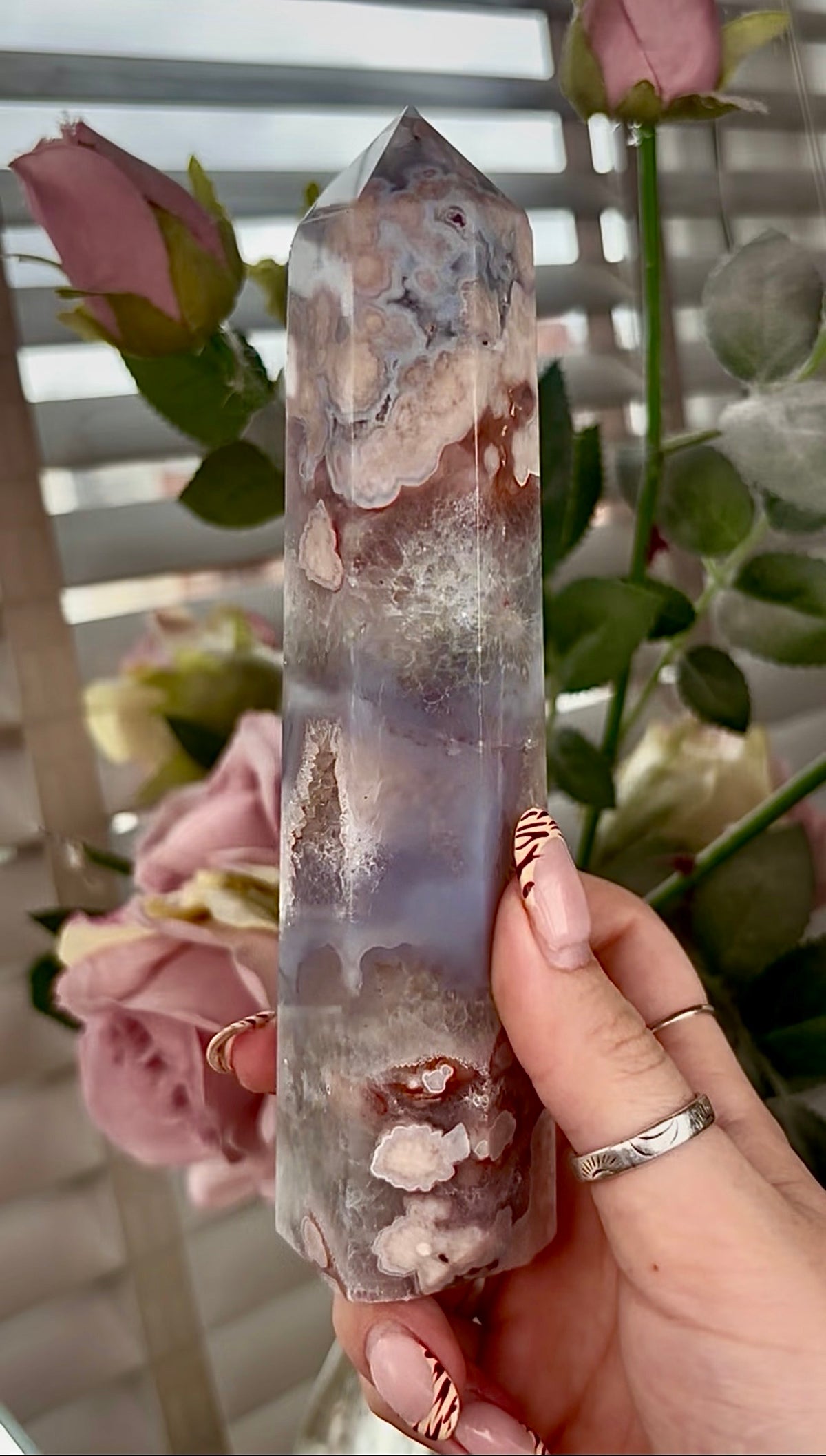 Stunning!! Super high quality, Druzy, green chlorite x blue flower agate tower
