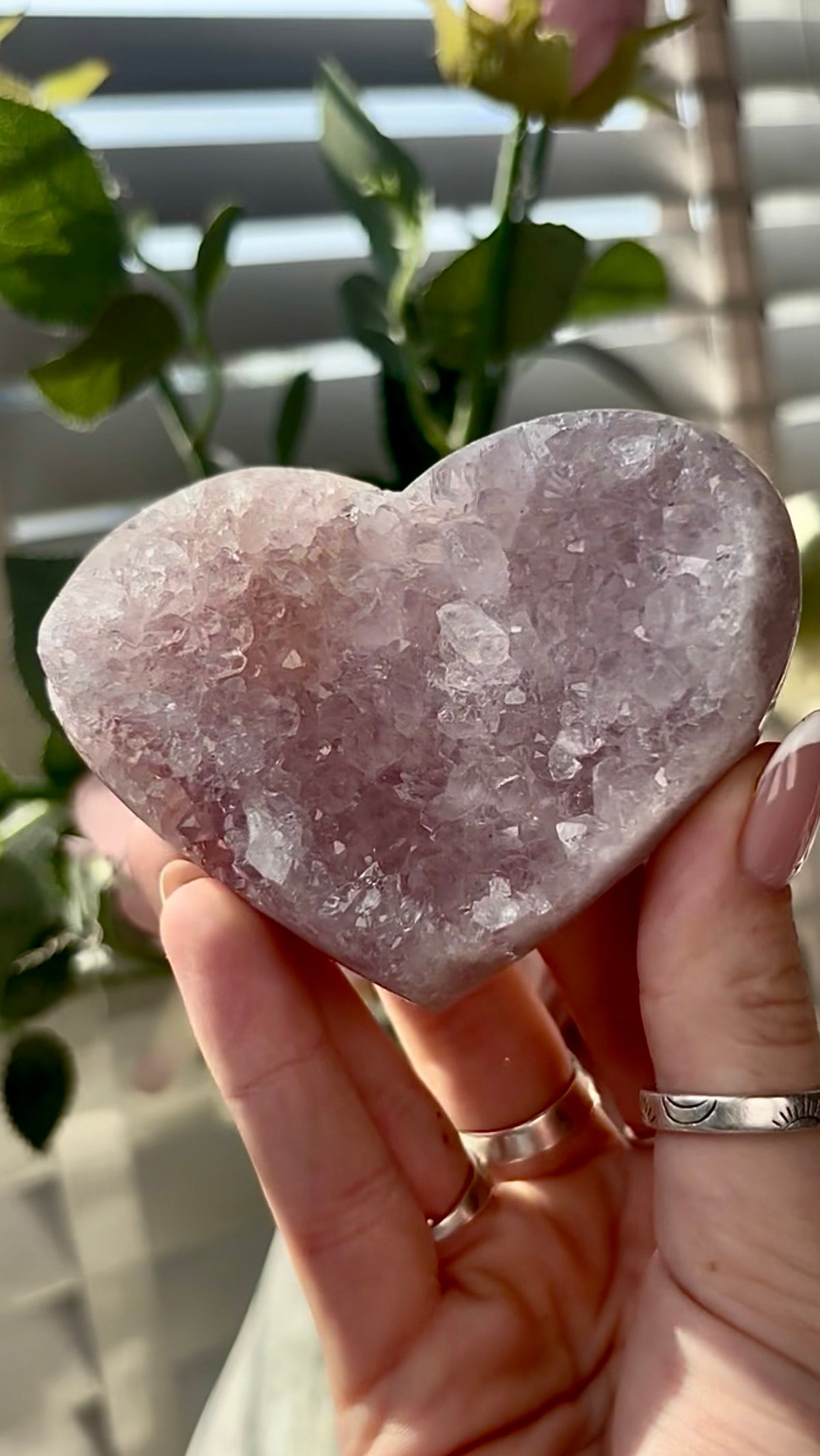 Gorgeous, high quality, pink amethyst quartz heart- comes with stand