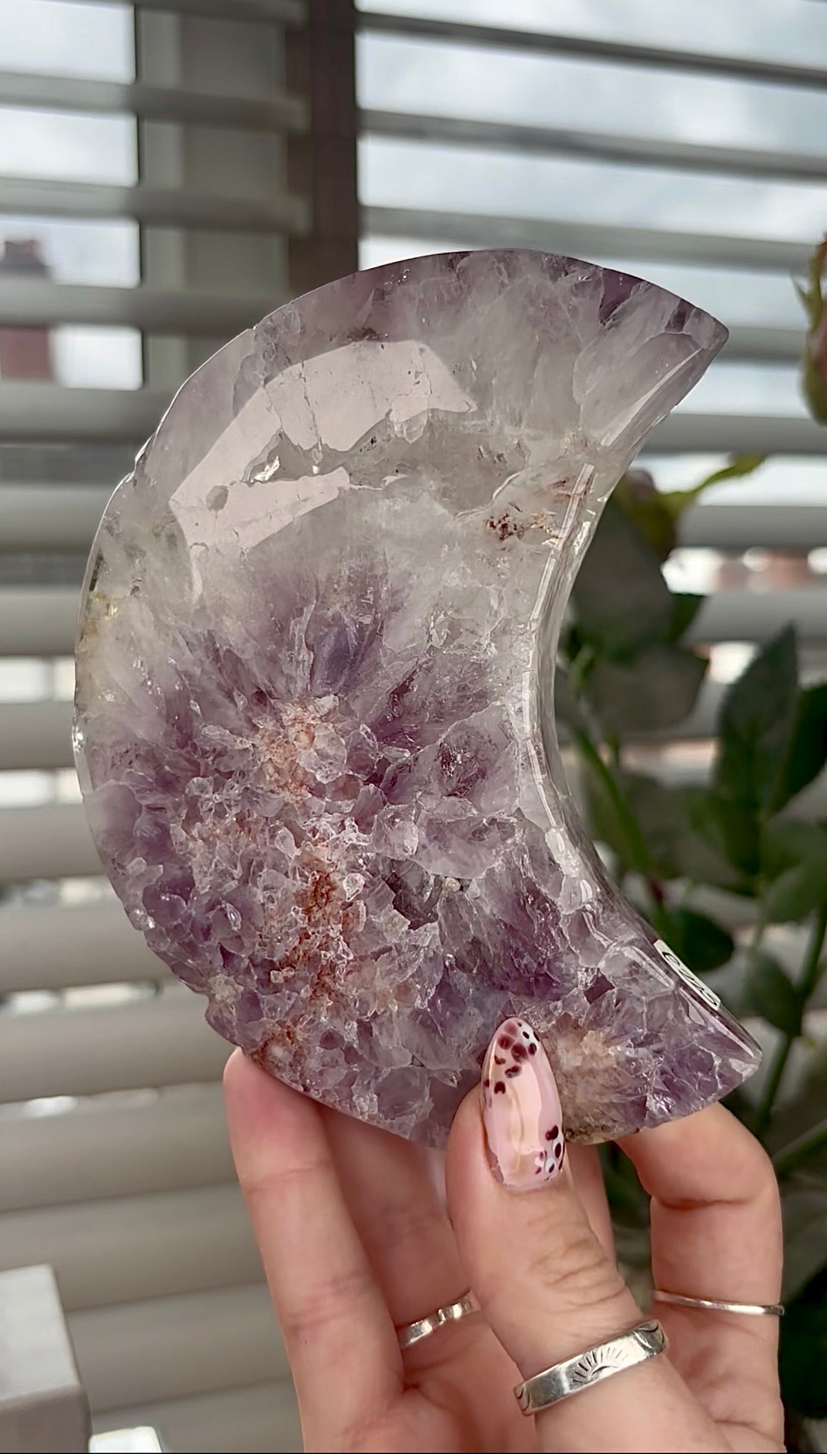 High grade, amethyst Flower agate moon with high clarity quartz