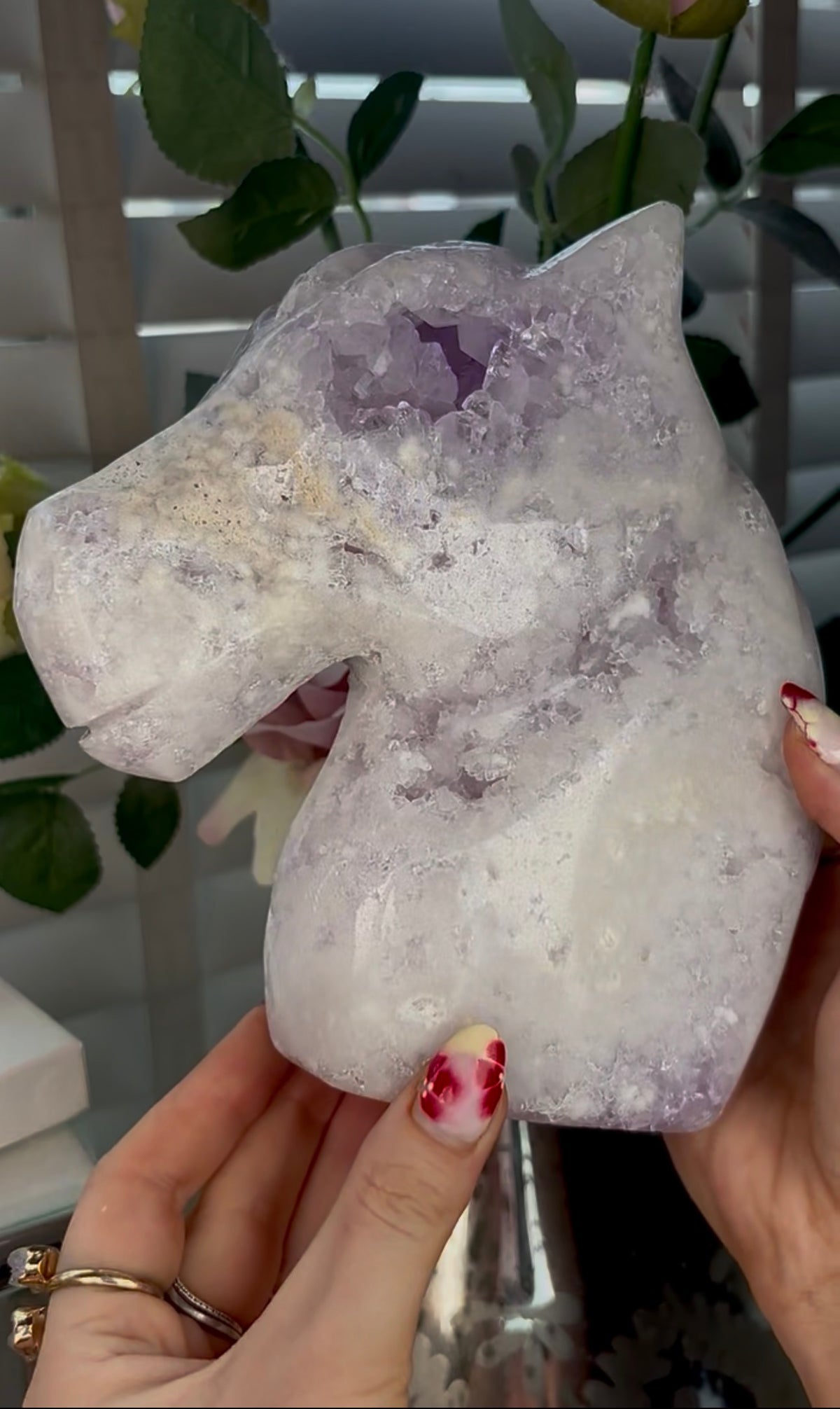 High grade, large, pink amethyst horse carving