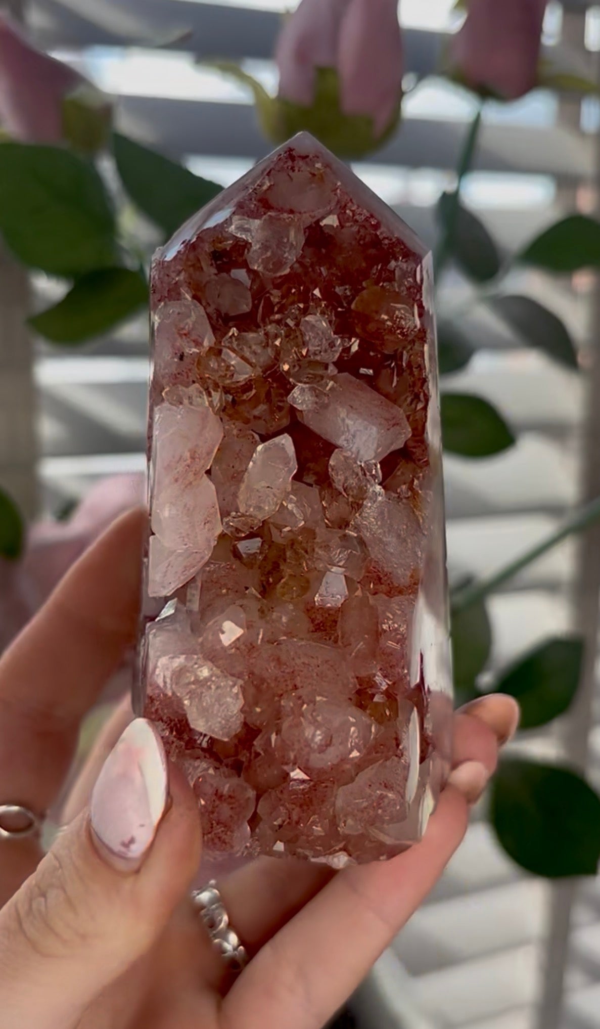 Beautiful, high quality, Pink amethyst tower in burnt orange/red tones with chewing gum druzy