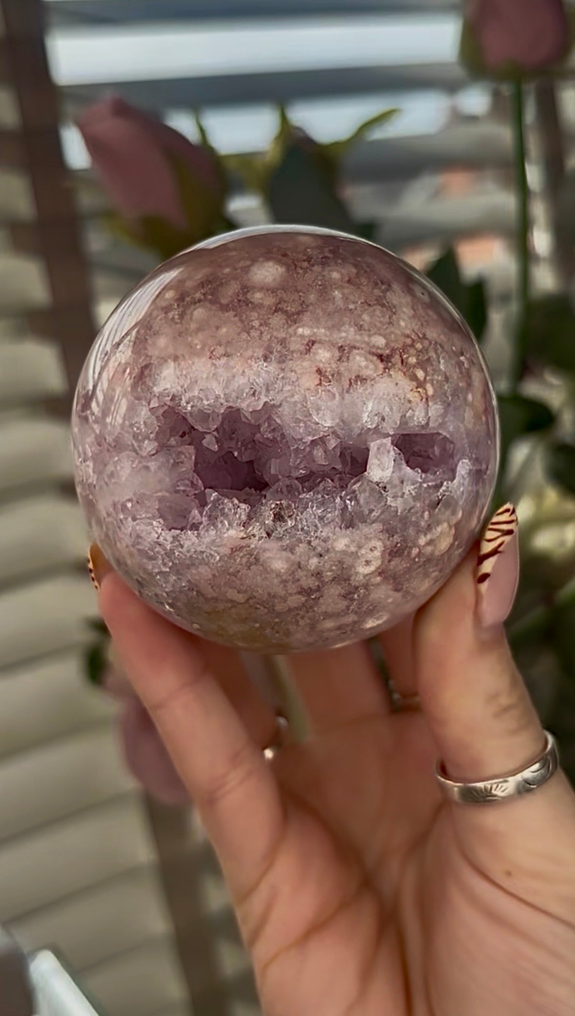 High grade, amethyst Flower agate sphere with druzy quartz- 7.2cm wide