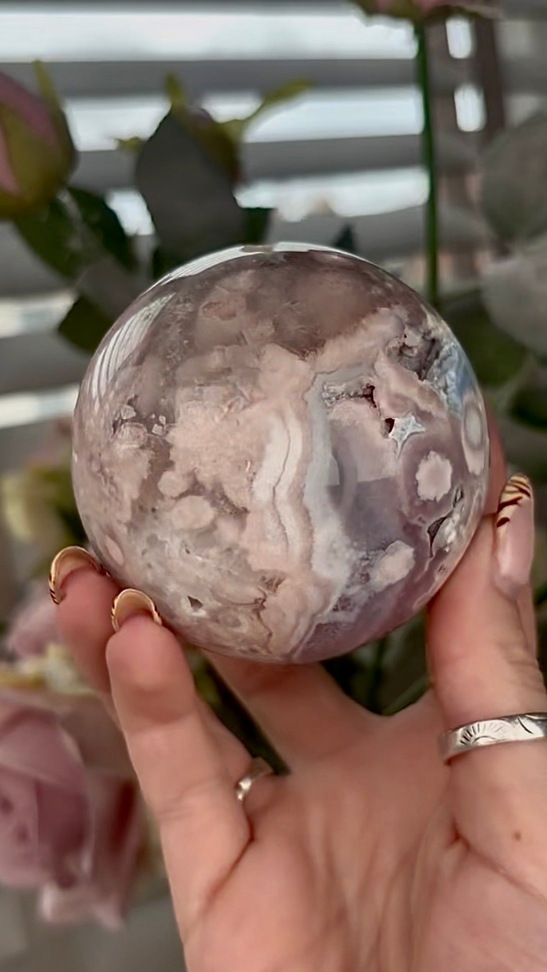 Stunning!! Super high quality, Druzy, green chlorite x blue flower agate sphere