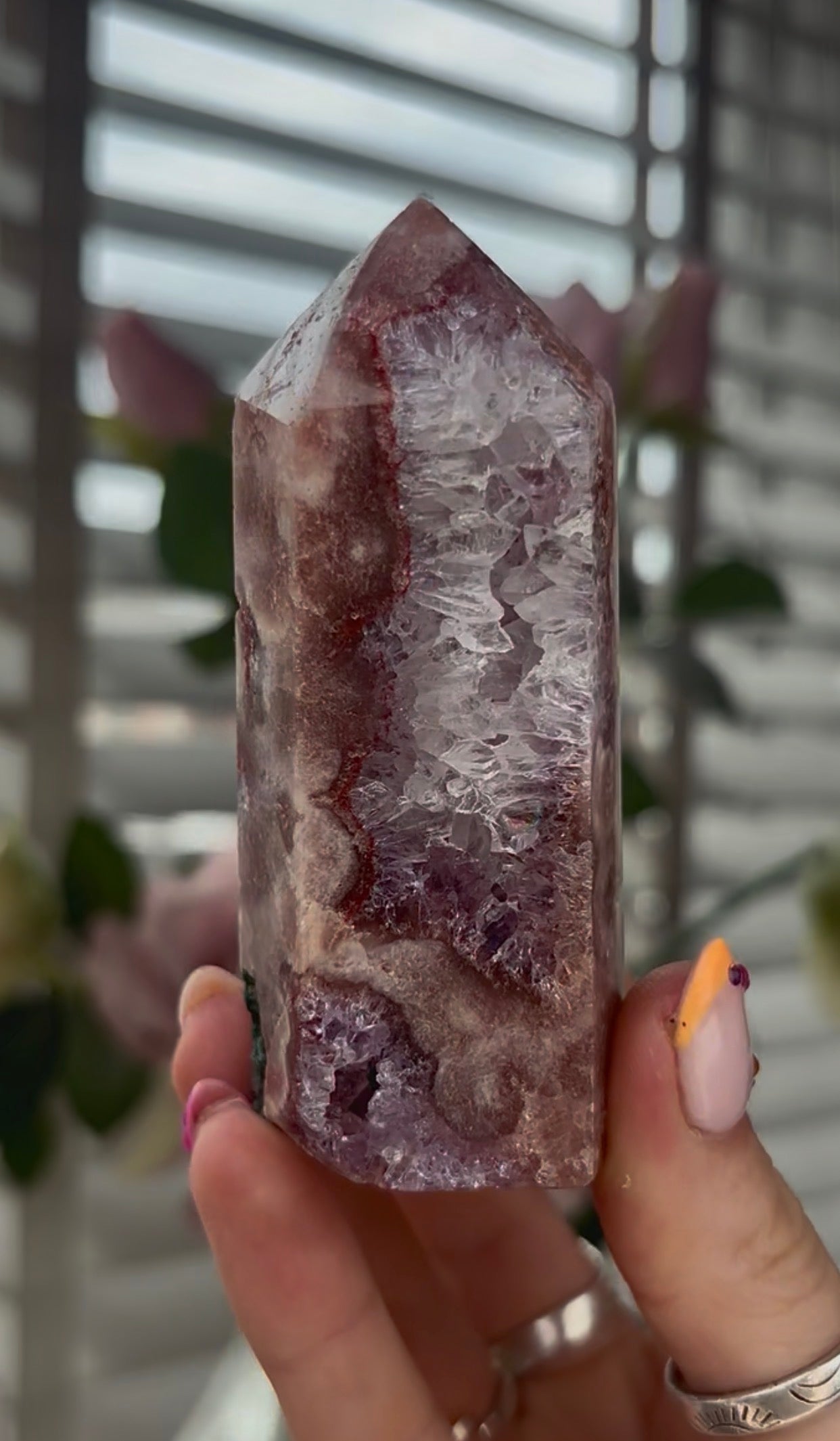 High quality, Pink amethyst tower, with quartz & Green jasper