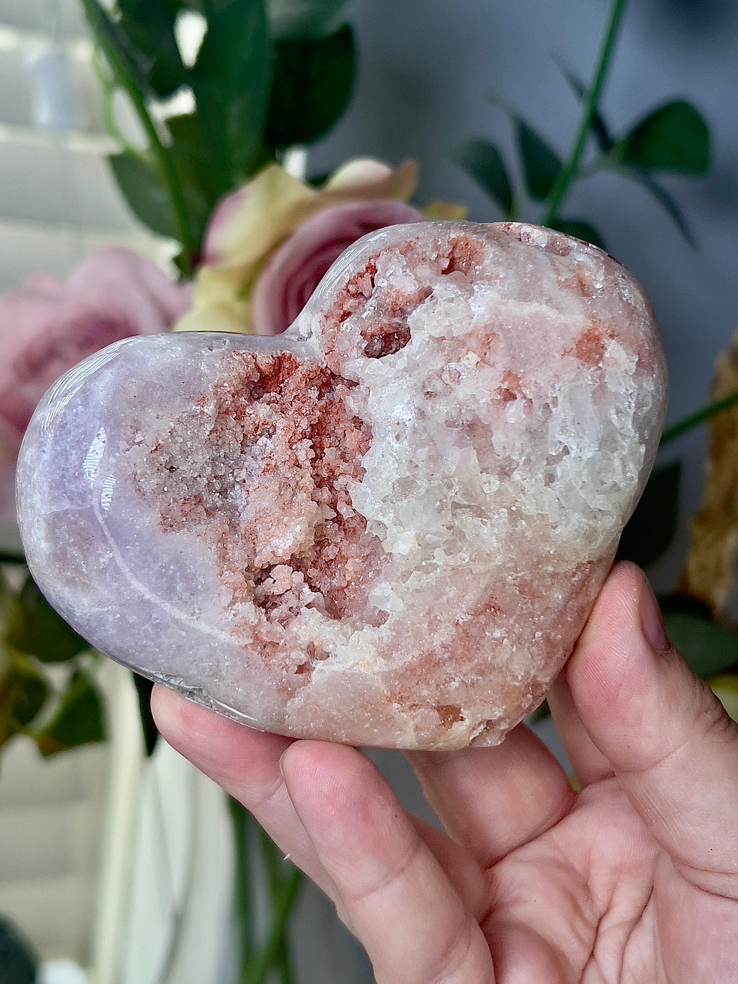 Chunky, druzy, pink amethyst heart - comes with stand