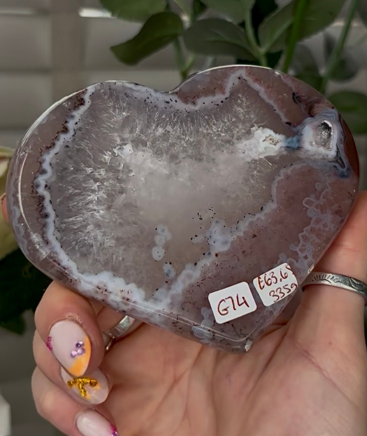 Beautiful, high grade, agate heart with druzy - comes with stand