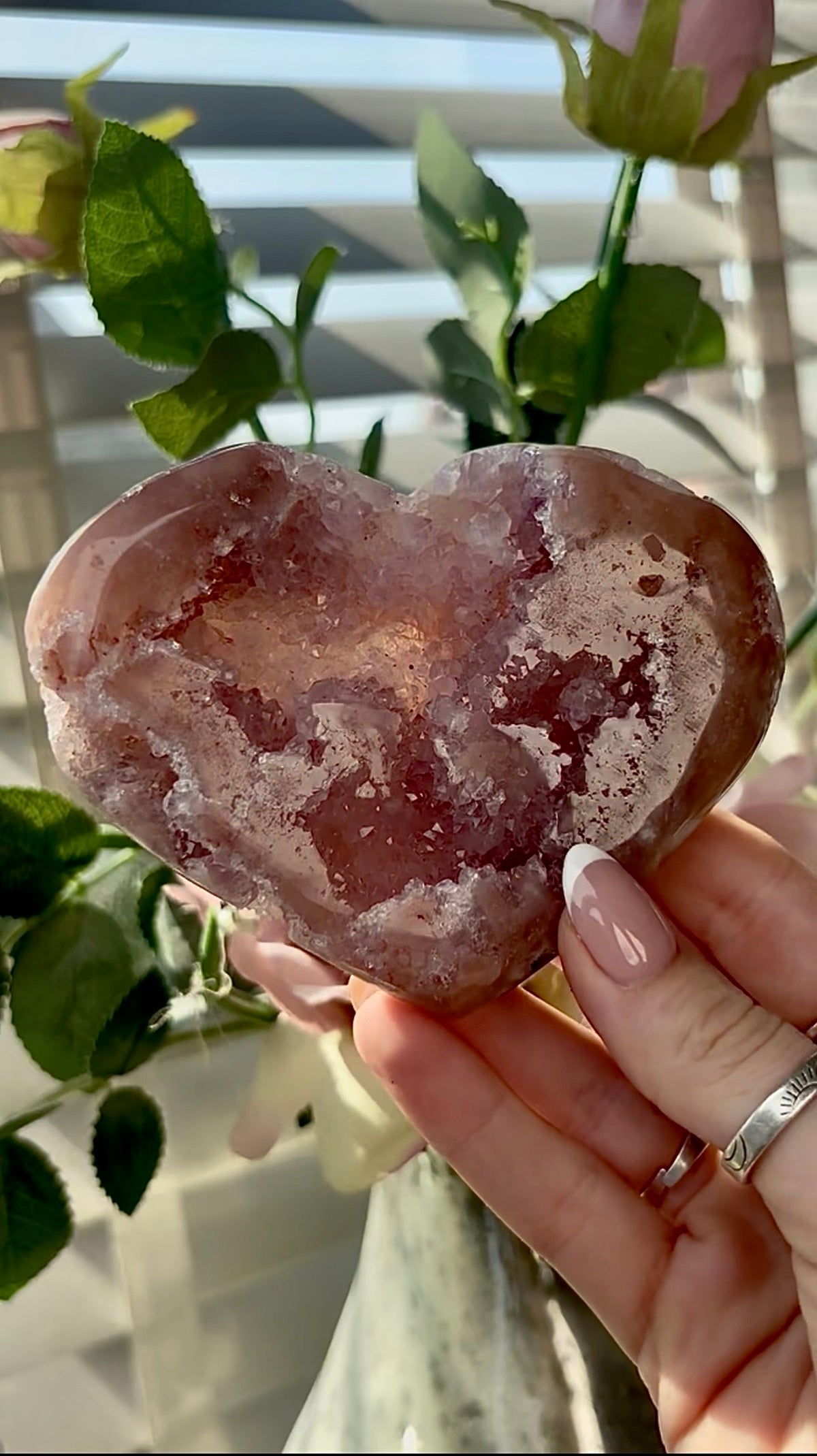 Gorgeous, hq, druzy pink amethyst heart- comes with stand