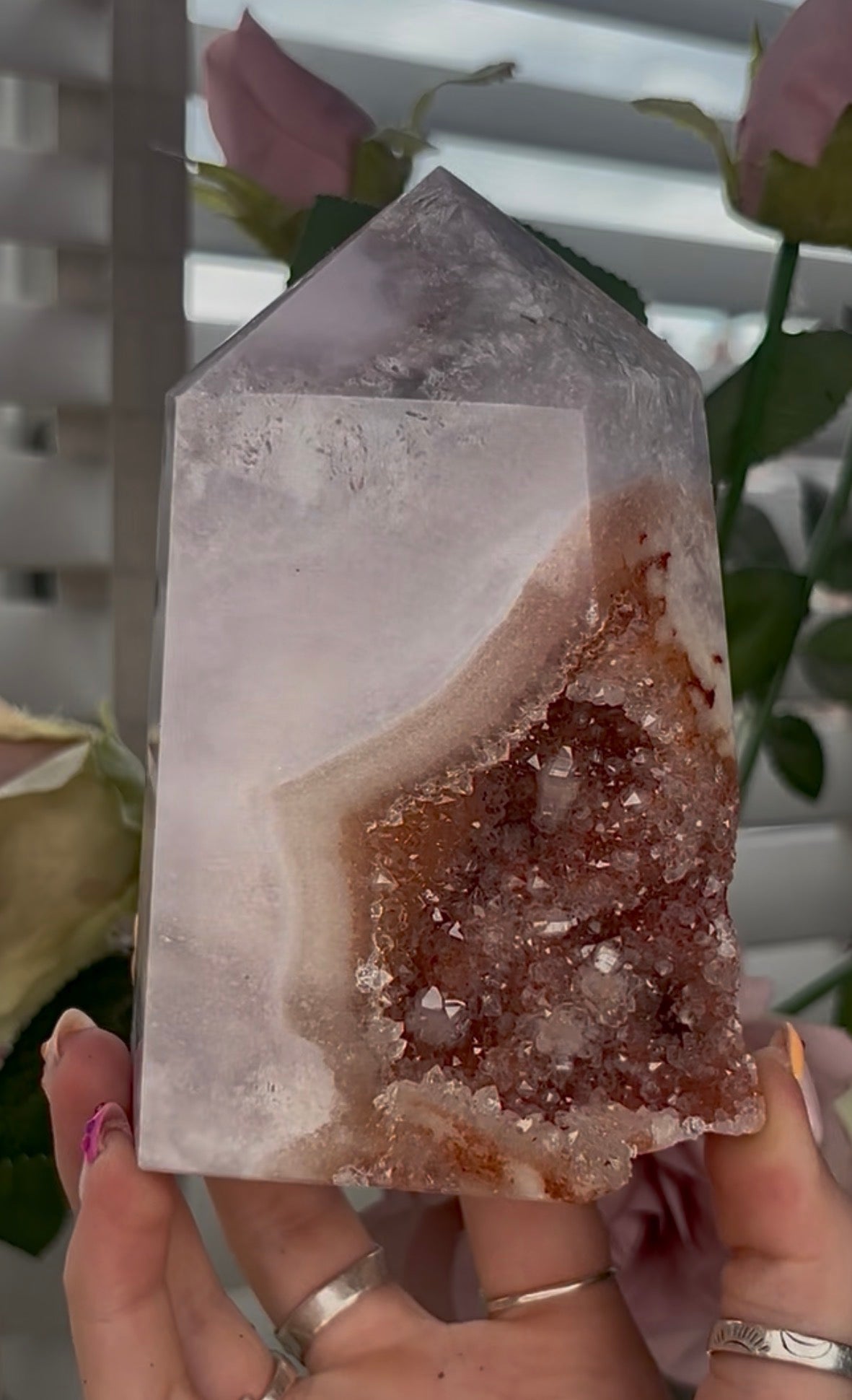 Large, High quality, Pink amethyst tower, with orange druzy