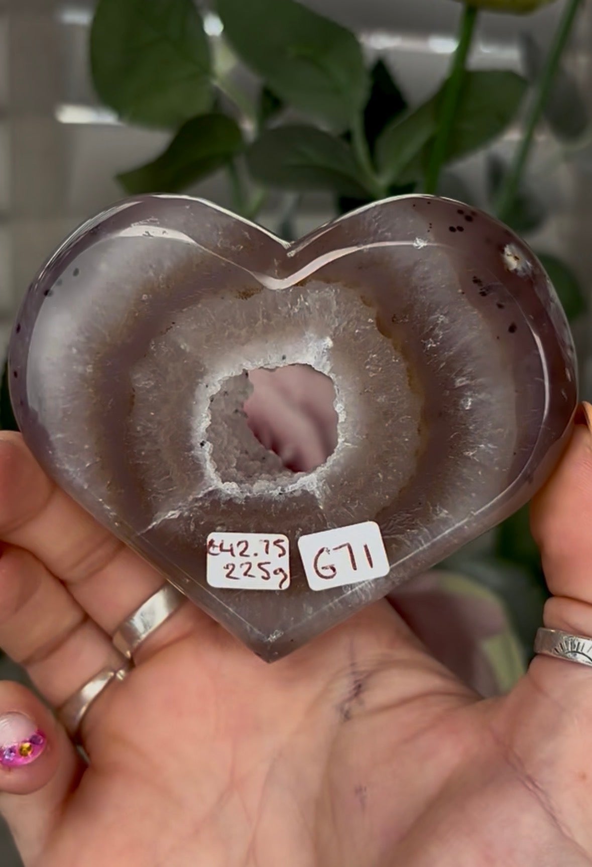 Beautiful, high grade, agate heart with druzy portal - comes with stand