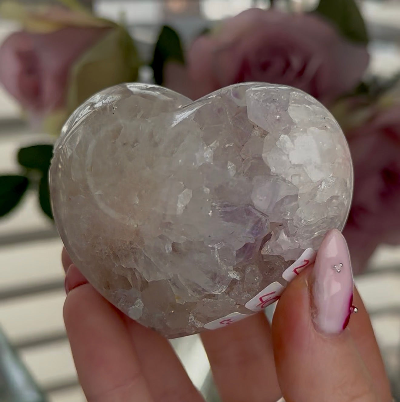 pink amethyst heart - comes with stand