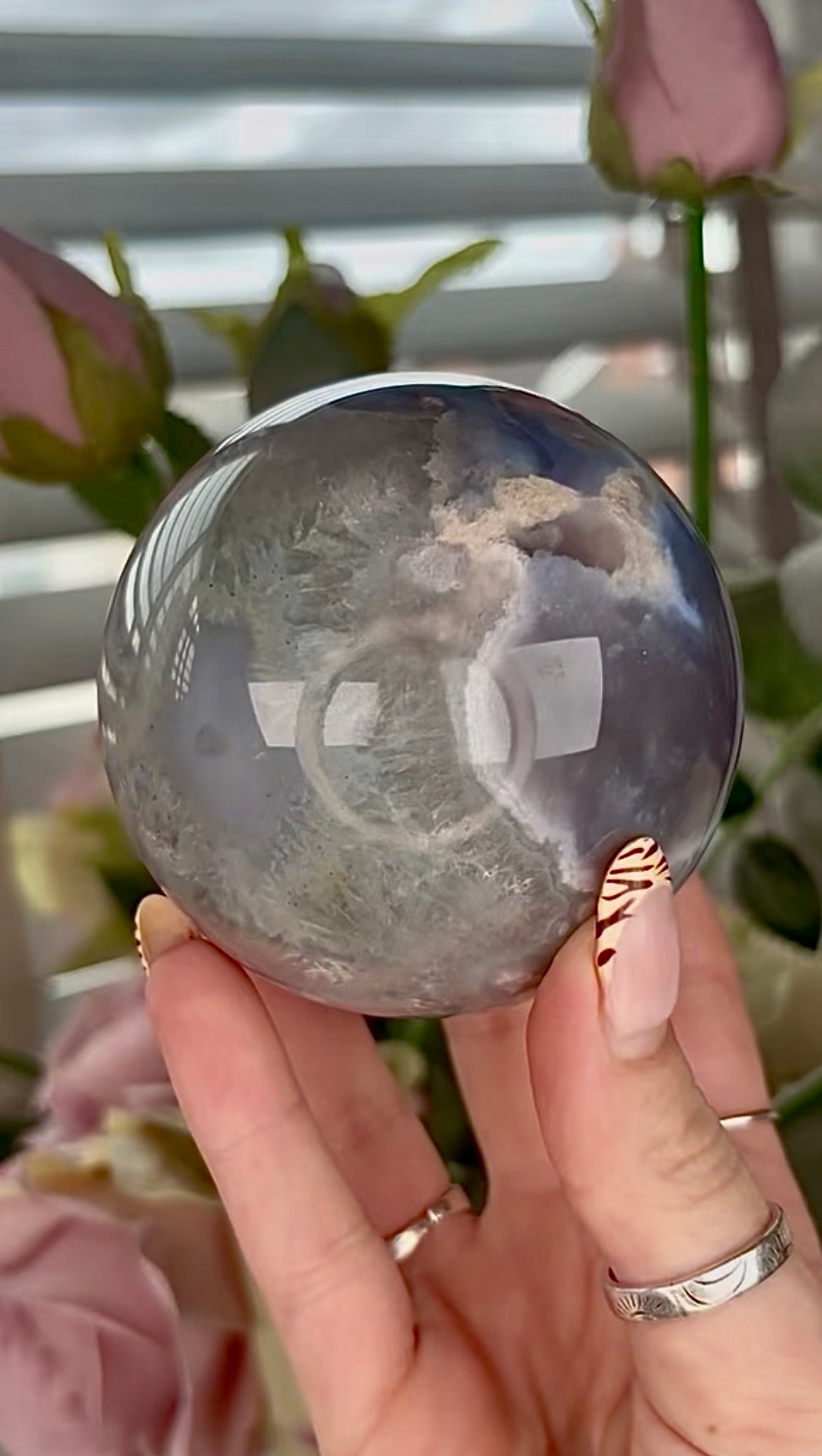 Stunning!! Super high quality, Druzy, green chlorite x blue flower agate sphere