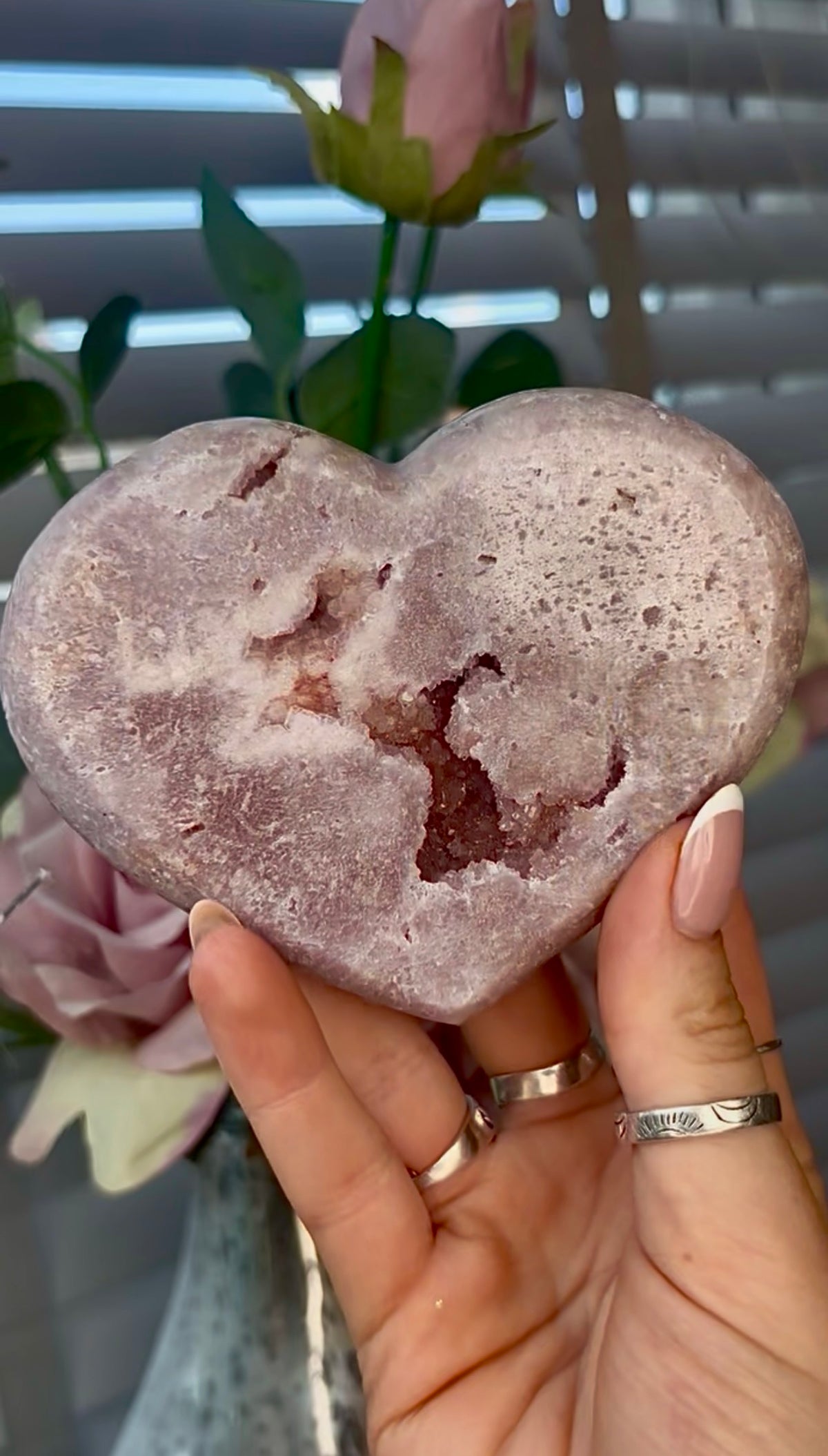 Gorgeous, pink amethyst heart - comes with stand