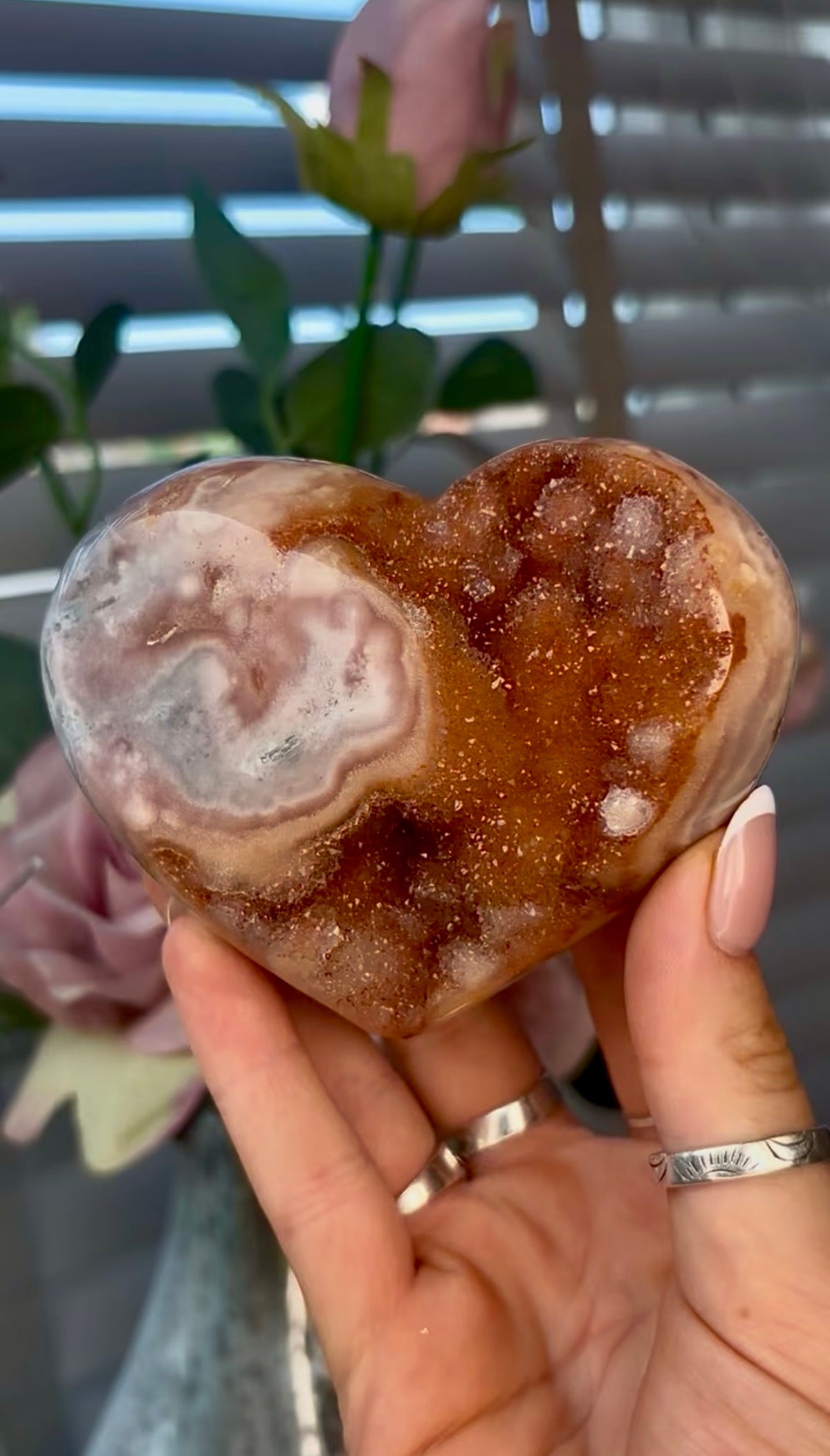 Gorgeous, druzy, golden pink amethyst heart with rutile back -comes with stand