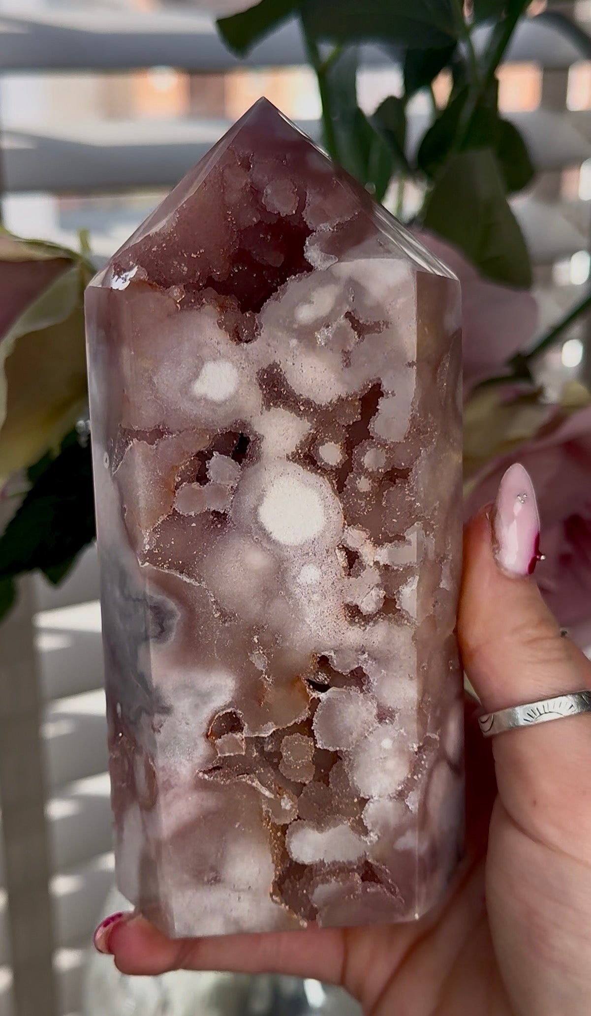 High quality Pink amethyst tower with bubble druzy