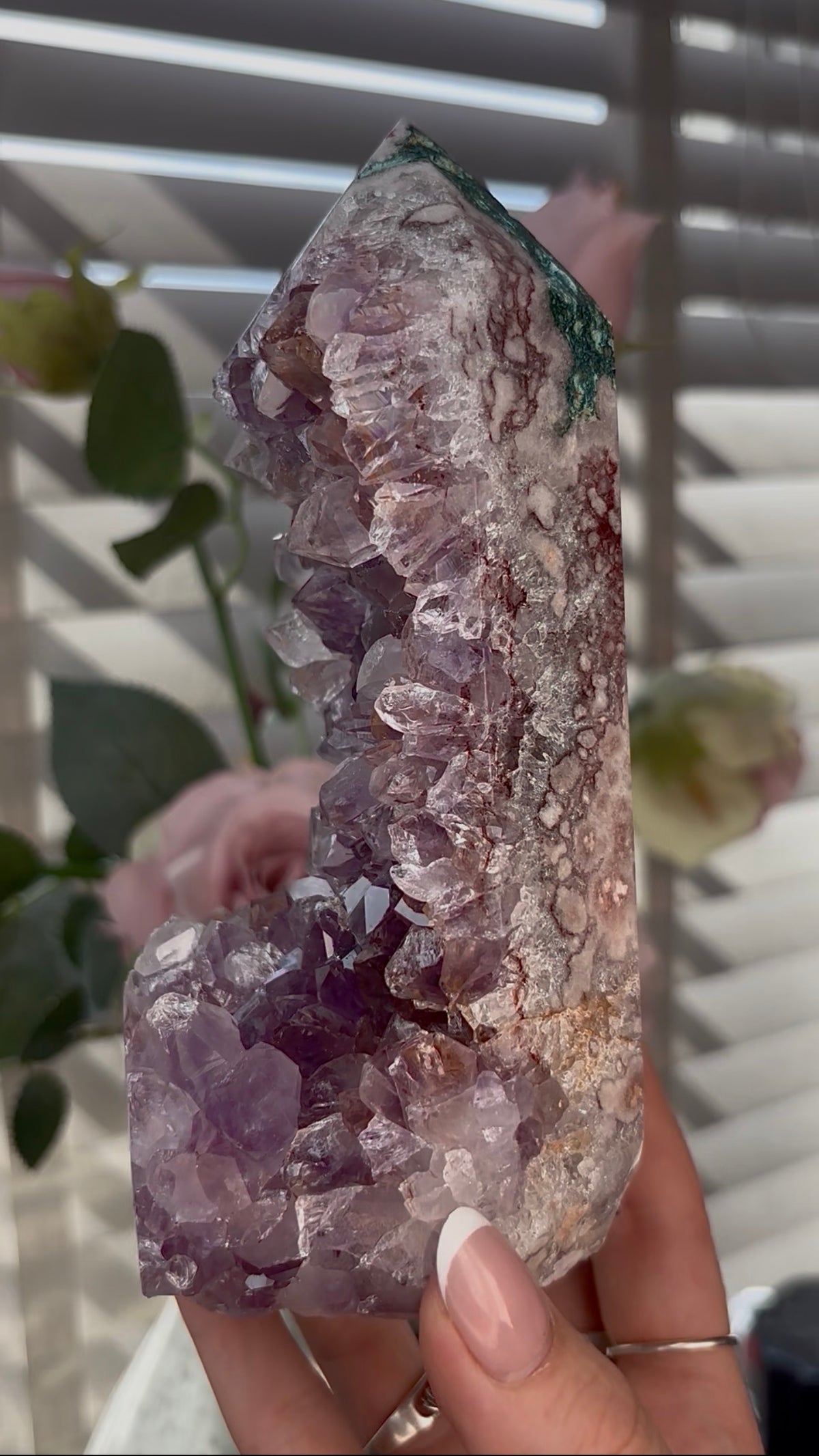 Beautiful, Pink amethyst tower with purple quartz teeth 17cm(h) by 7cm(w)