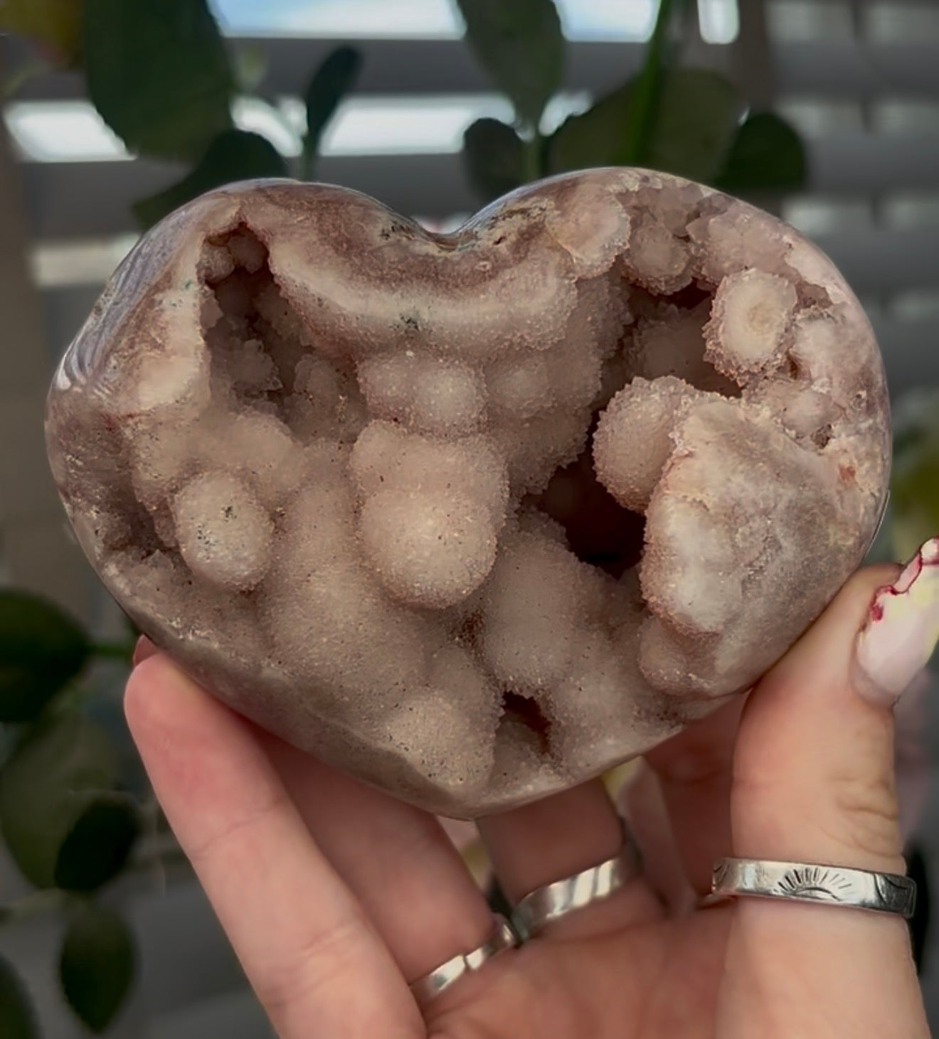Chunky pink amethyst heart with bubble formations - comes with stand (9.6cm)