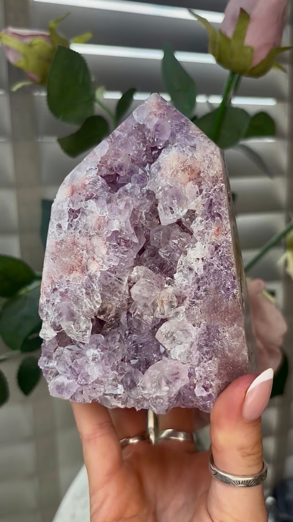 Beautiful, hq, druzy, chunky Pink amethyst tower 12cm(h) by 8.5cm(w)