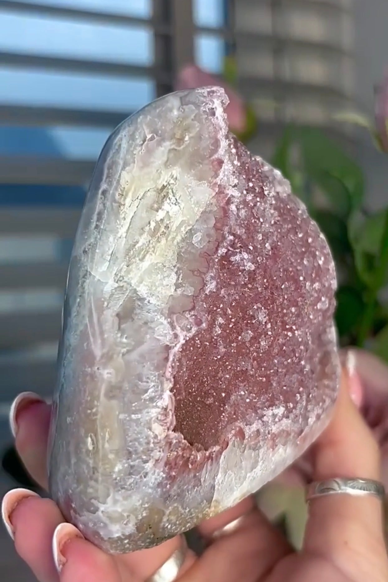 Pink Rainbow amethyst cutbase with a calcite base