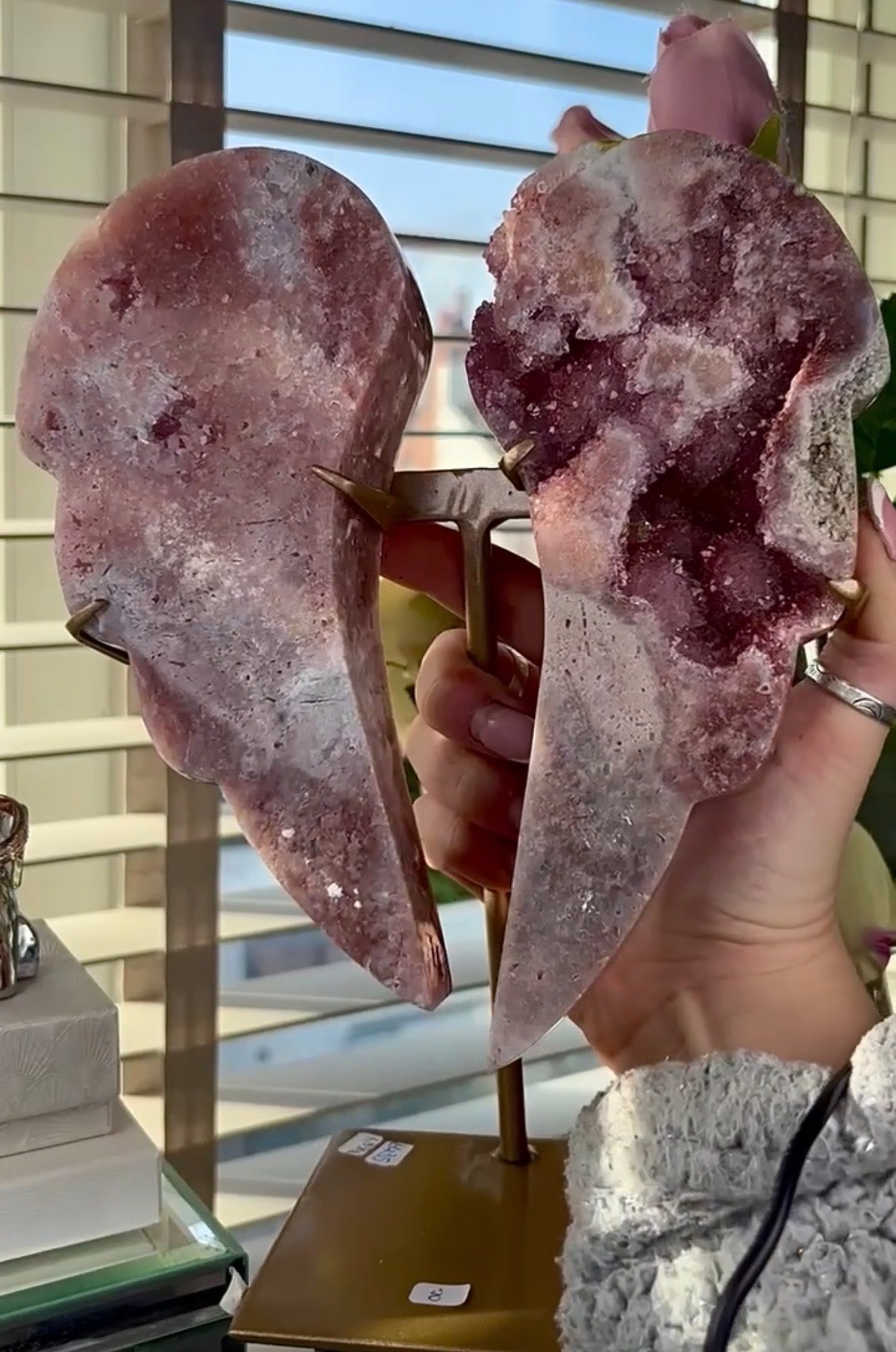 High quality, pink amethyst wings in reddish/deep pink tone - comes with stand