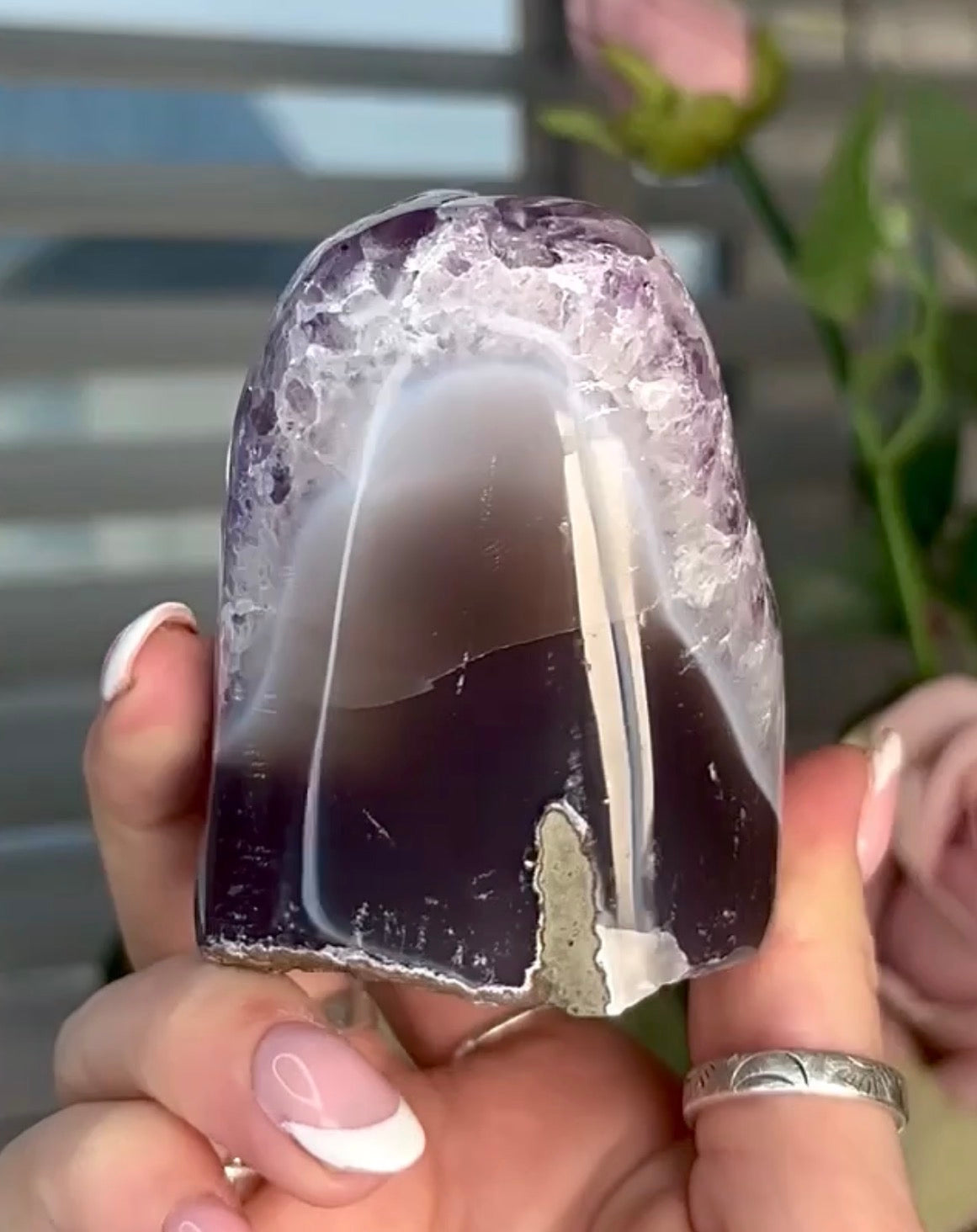 Light Pink rainbow amethyst on a purple & blue agate base