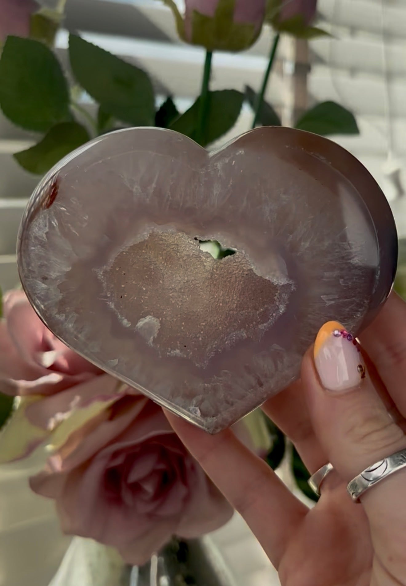 Beautiful, high quality, agate heart   with druzy - stand included