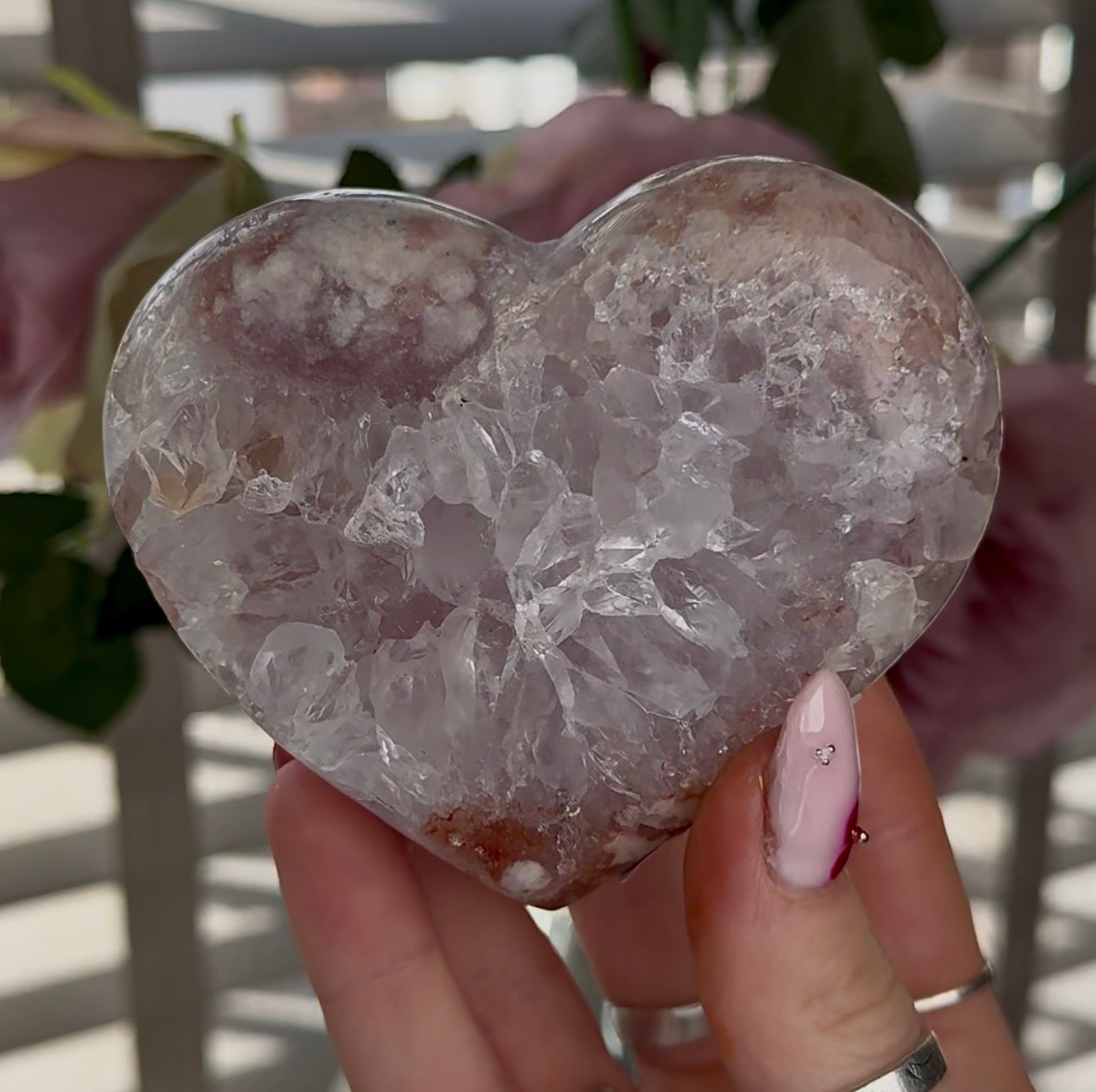 Hq pink amethyst heart with quartz - comes with stand