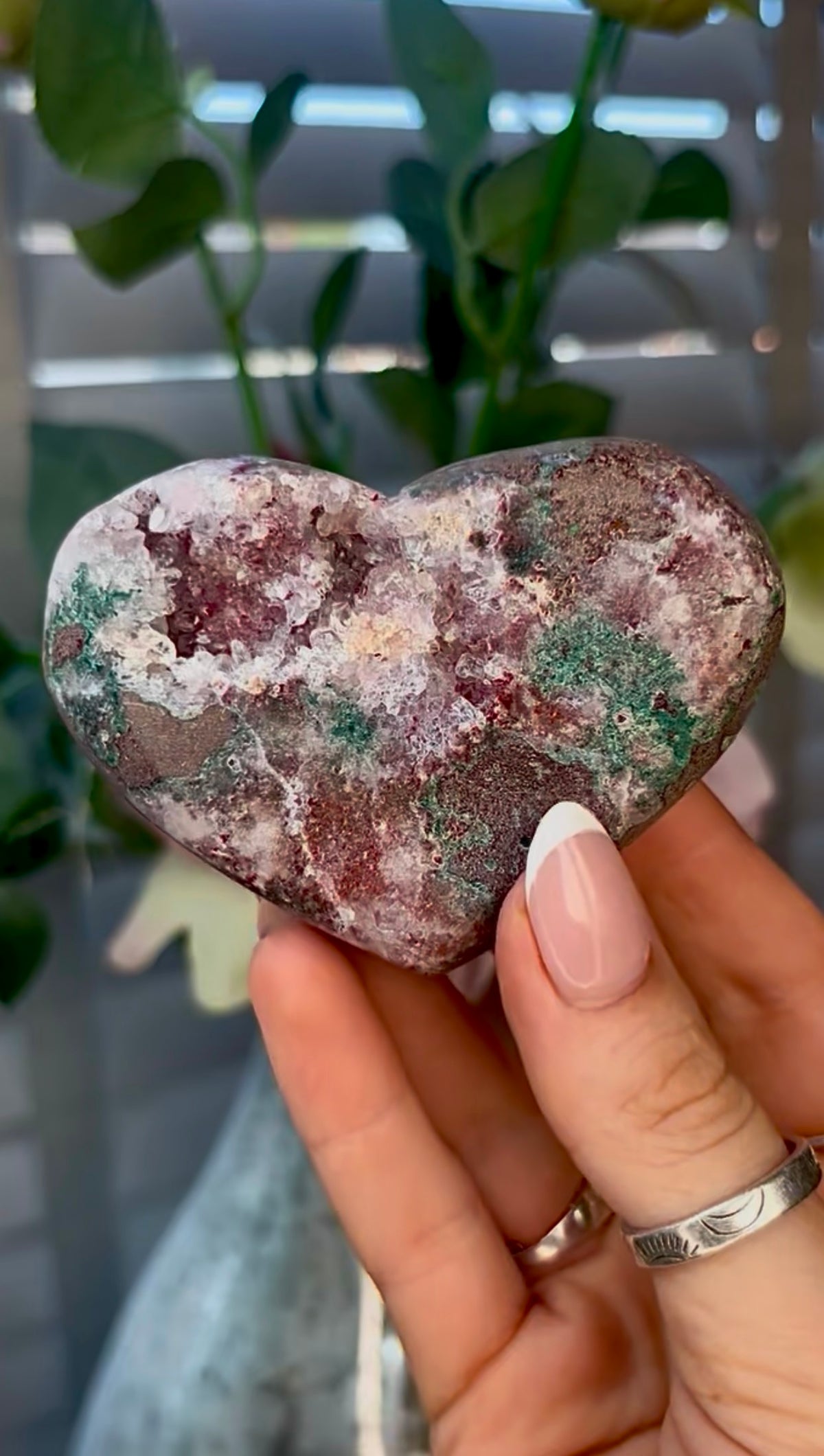 Gorgeous, pink amethyst heart with Jasper - comes with stand