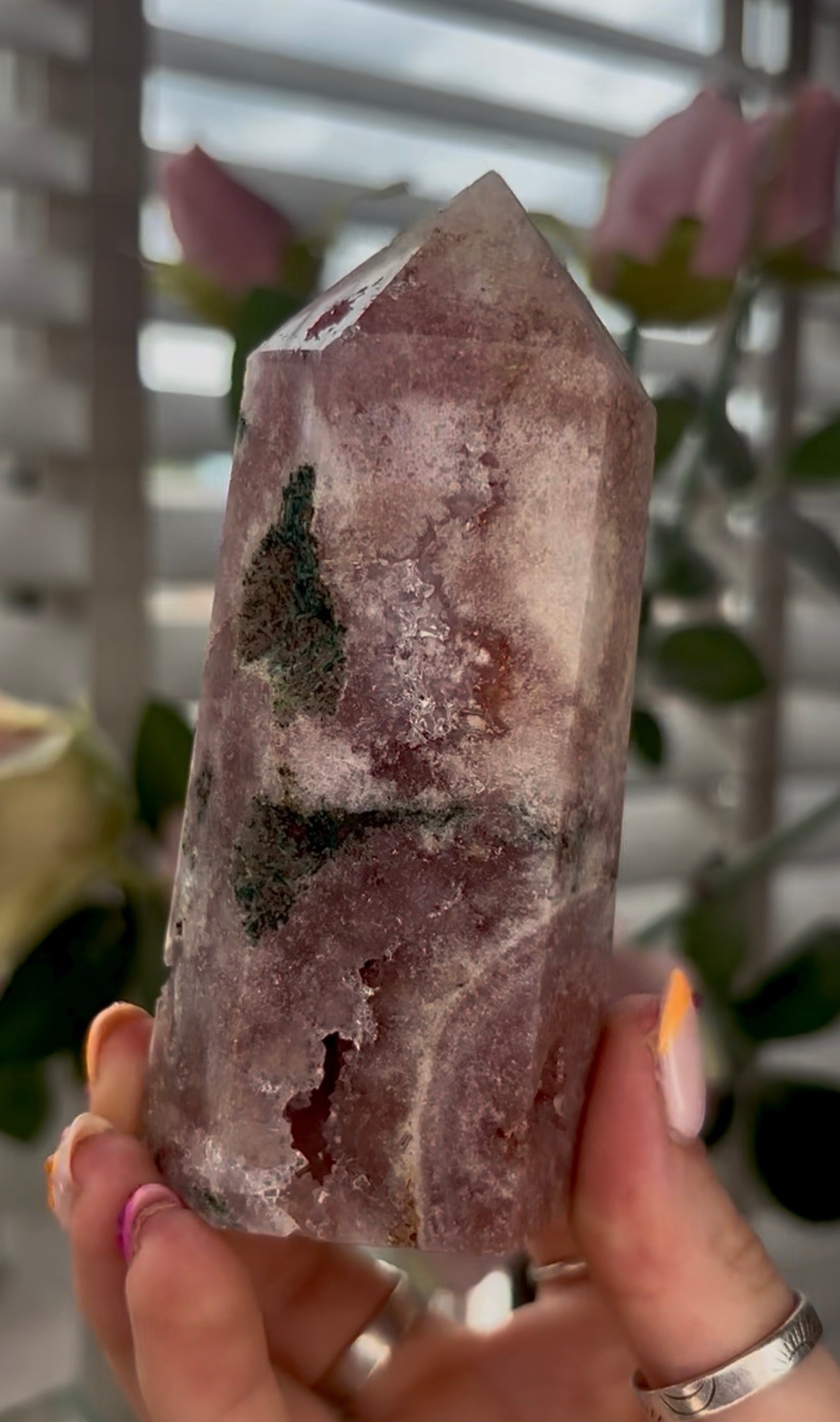 Pretty, Pink amethyst tower with Druzy