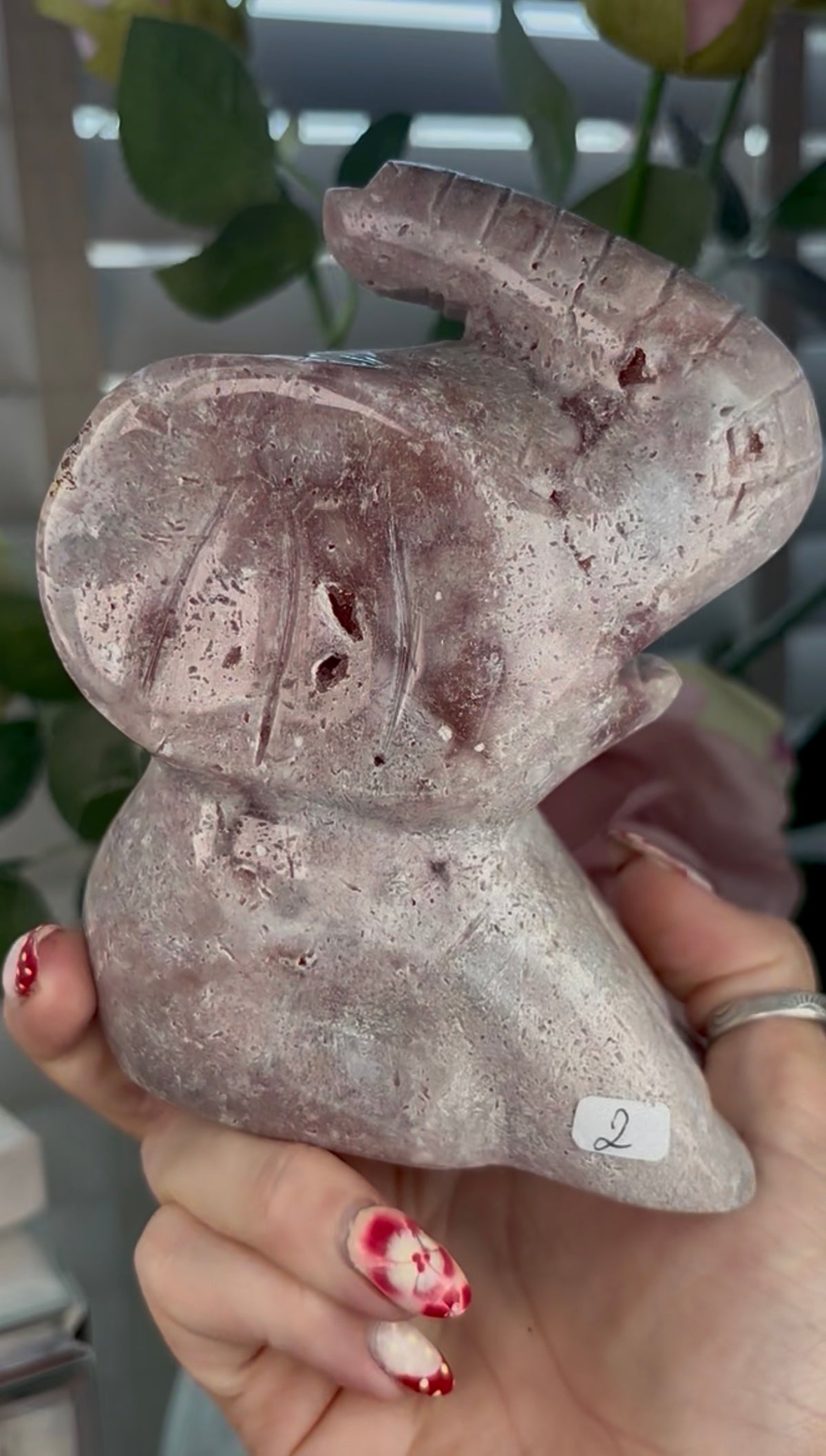 High grade, large, pink amethyst elephant carving