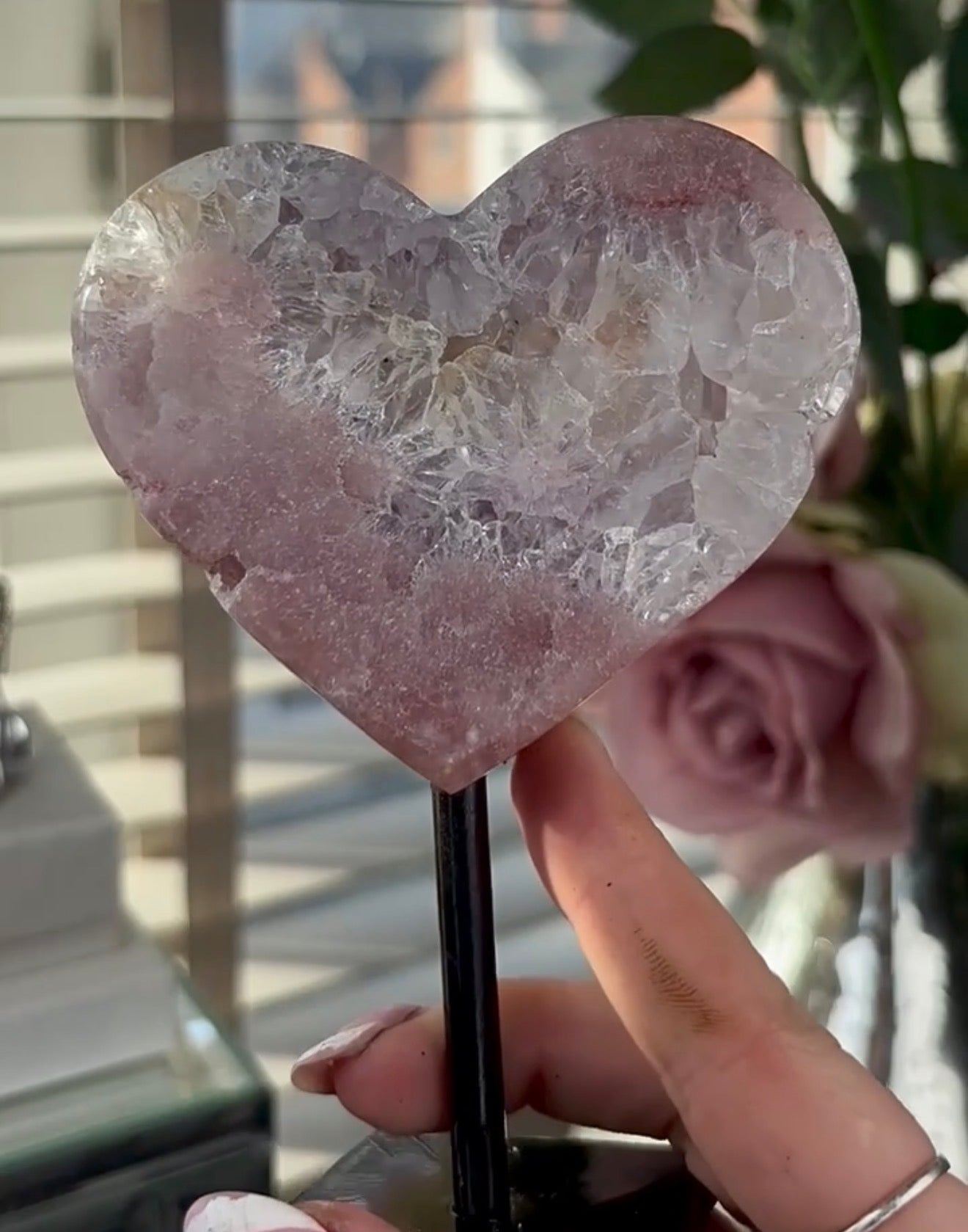 High quality pink amethyst heart with quartz - comes with stand